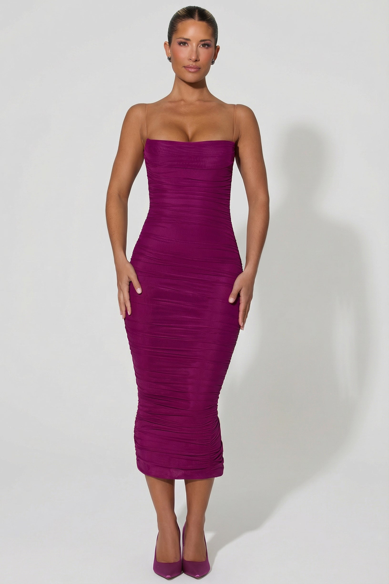 Ruched Backless Bodycon Midaxi Dress in Plum - 1