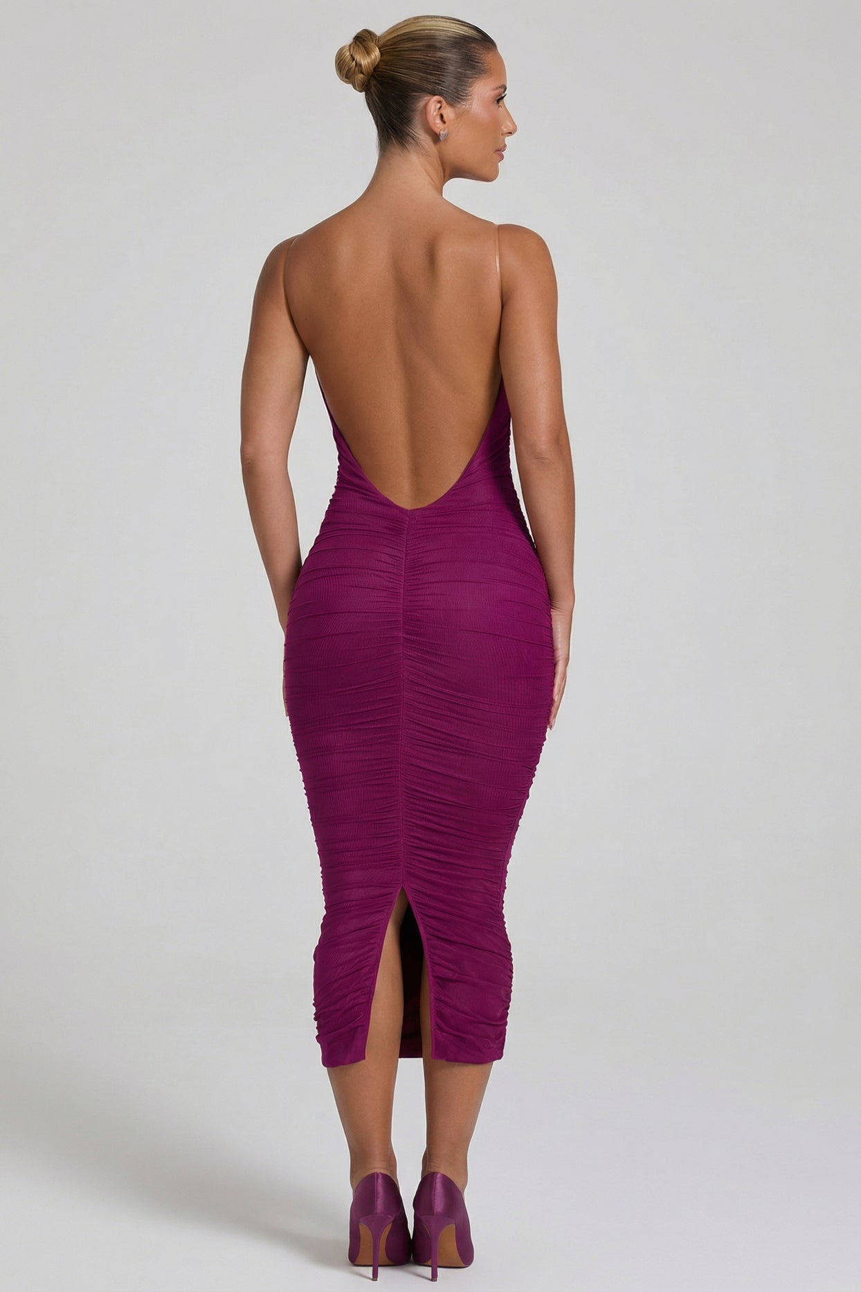 Ruched Backless Bodycon Midaxi Dress in Plum - 2