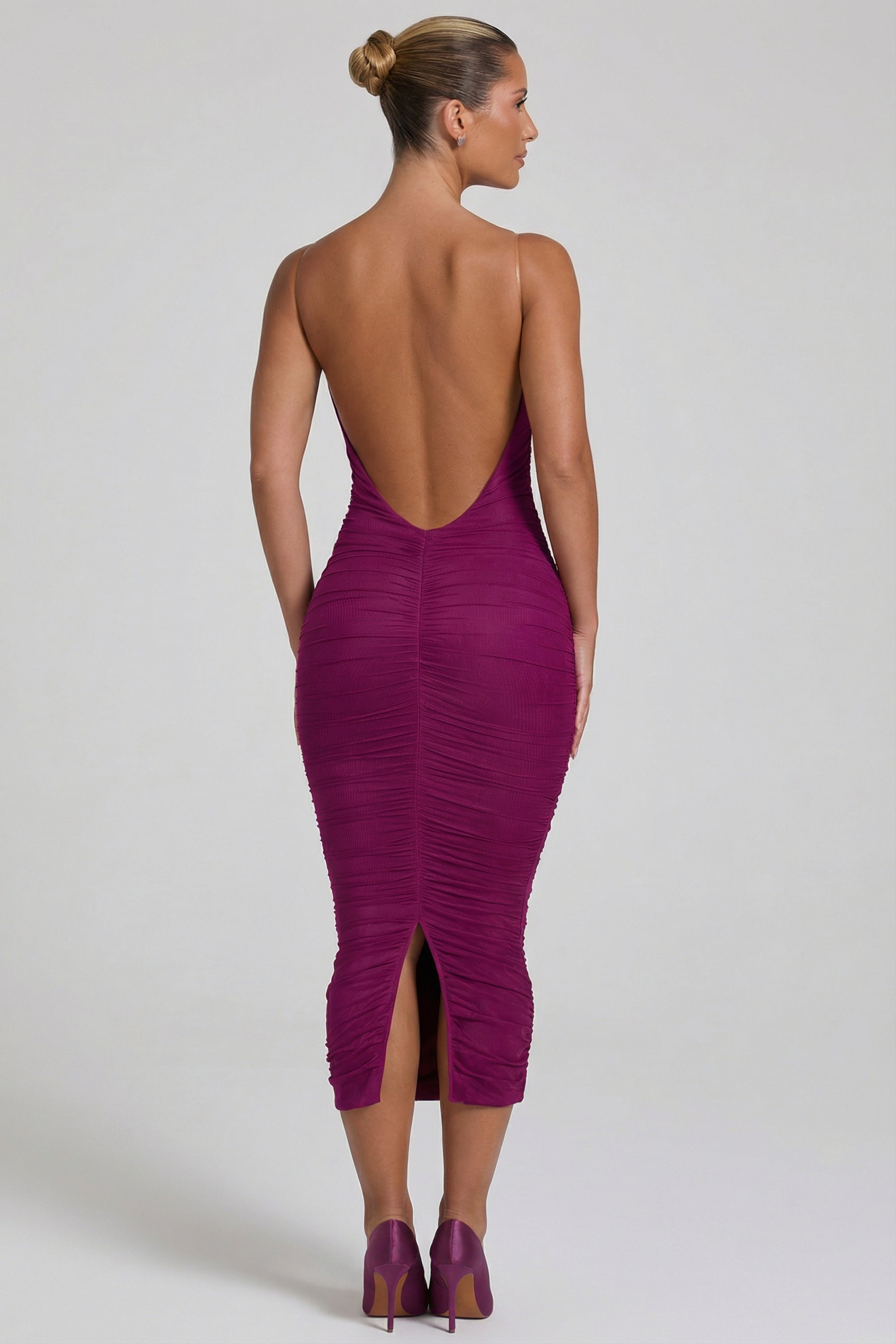 Ruched Backless Bodycon Midaxi Dress in Plum - 2