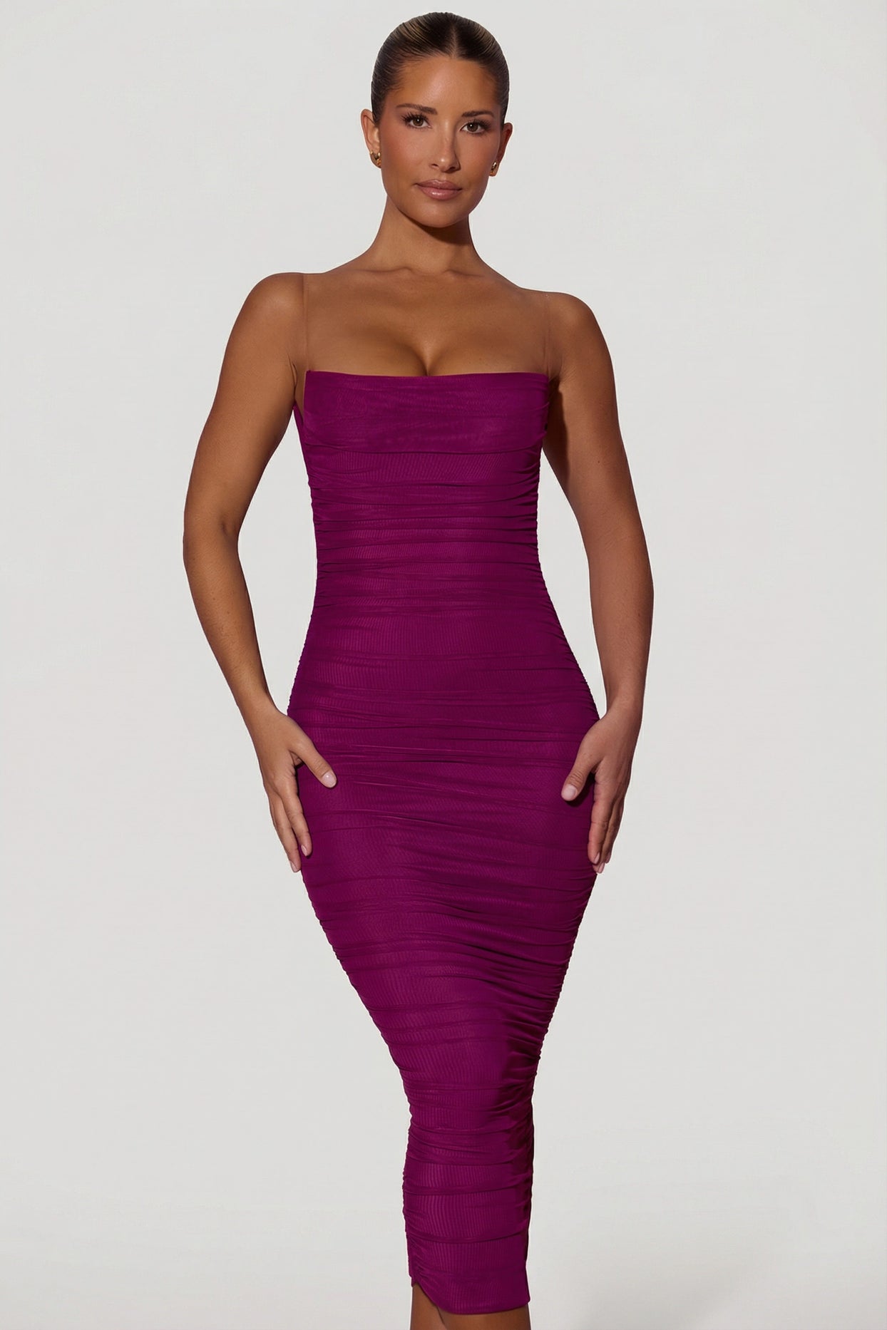 Ruched Backless Bodycon Midaxi Dress in Plum - 8