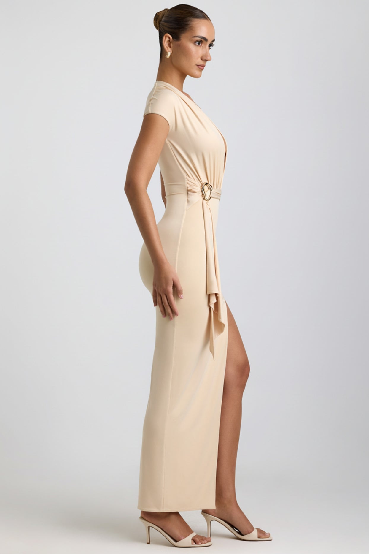 Slinky Jersey Plunge Hardware Detail Maxi Dress in Buttercream - 3