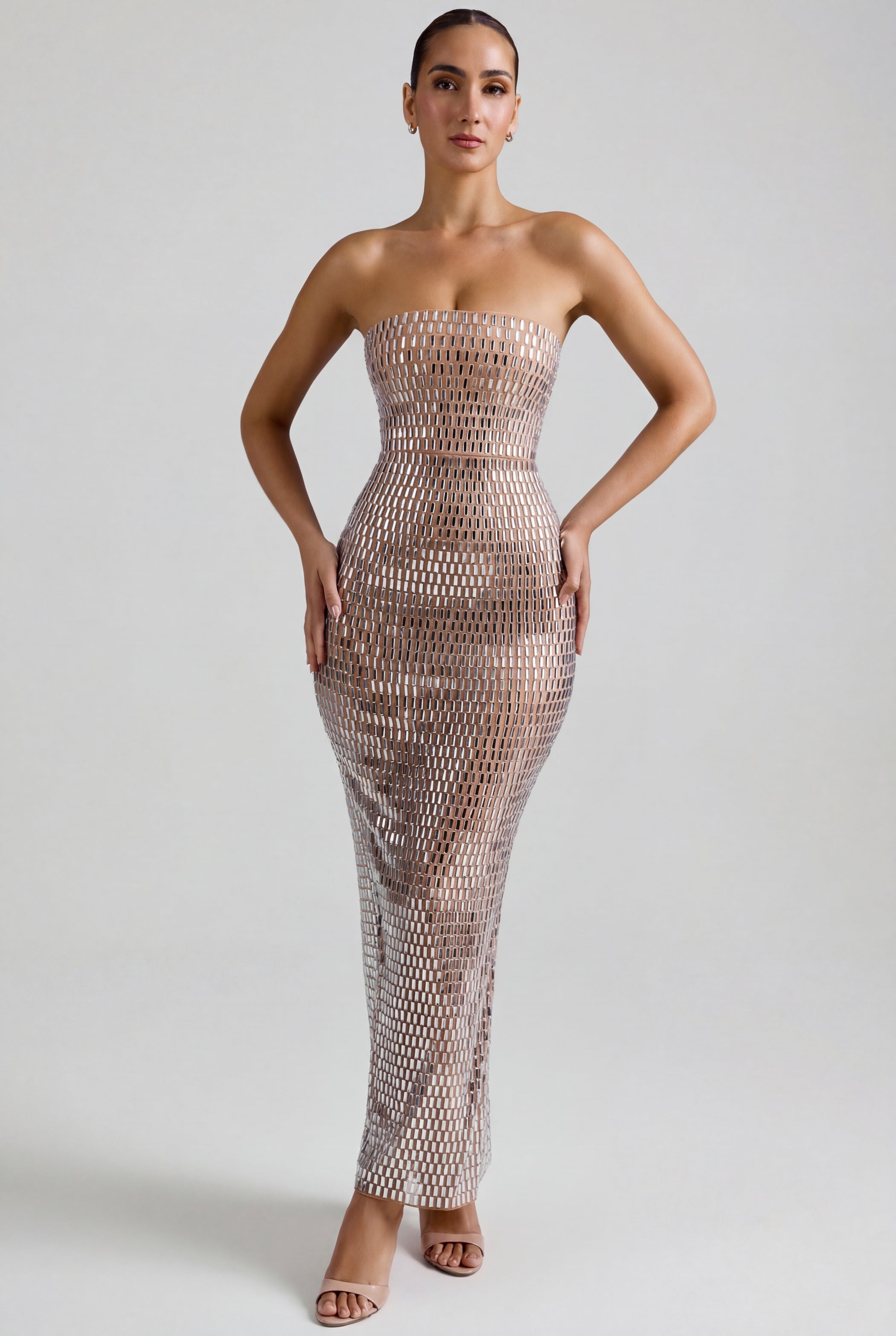 Embellished Bandeau Maxi Dress in Almond