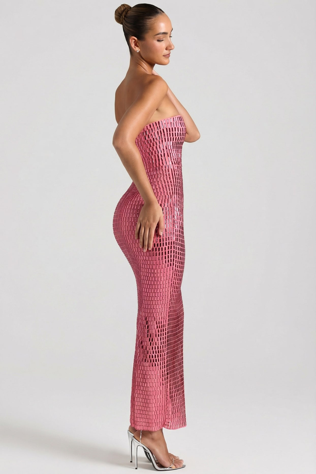 Embellished Strapless Bandeau Maxi Dress in Watermelon - 4
