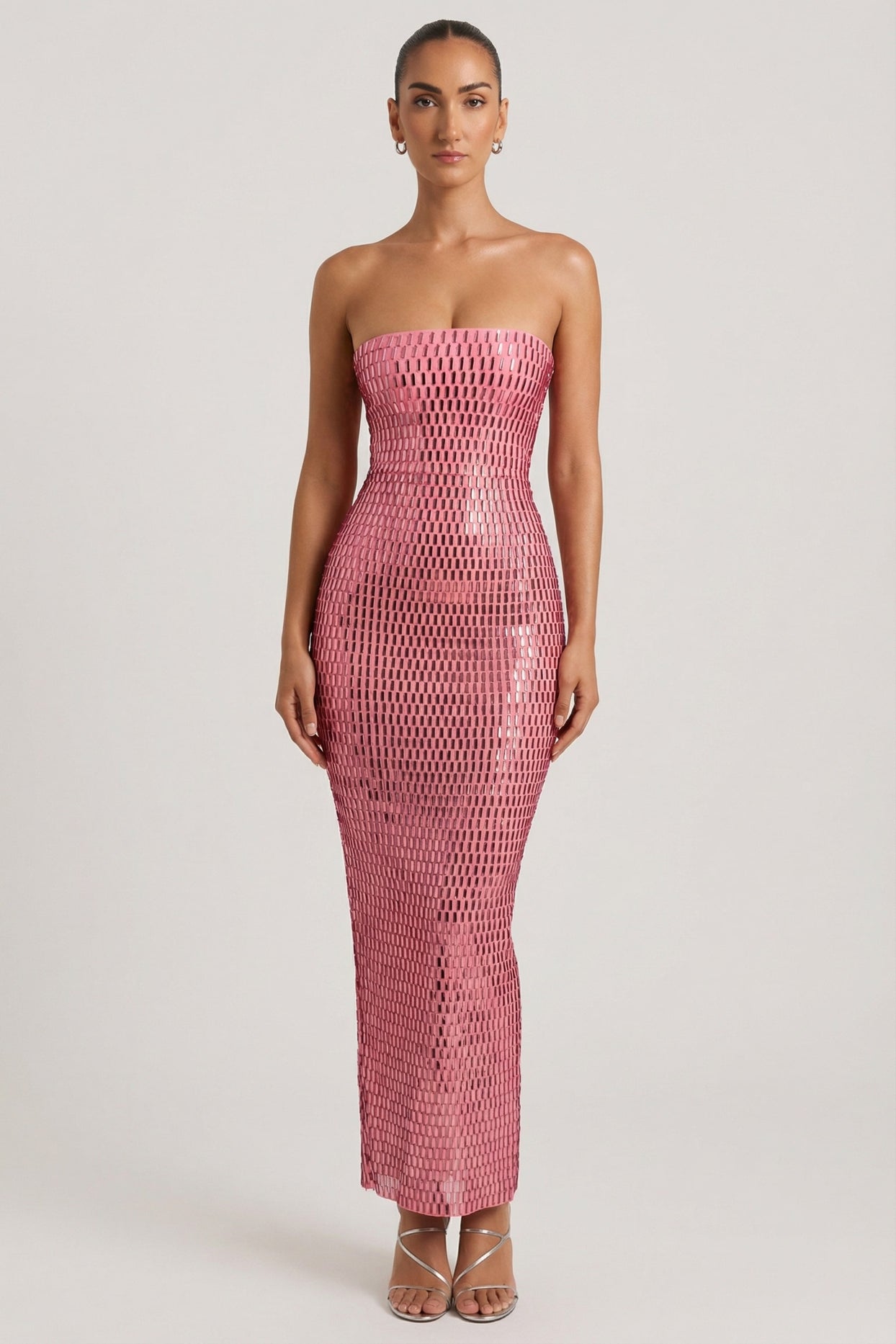 Embellished Strapless Bandeau Maxi Dress in Watermelon - 7