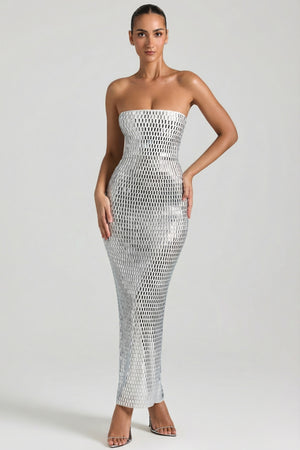 Oh Polly's Priscilla wearing the Amaya Maxi Dress in White Square Hotfix fabric perfect for summer garden parties