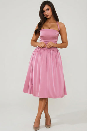 Halterneck Lace-Up Ruched Corset Midi Dress in Mauve