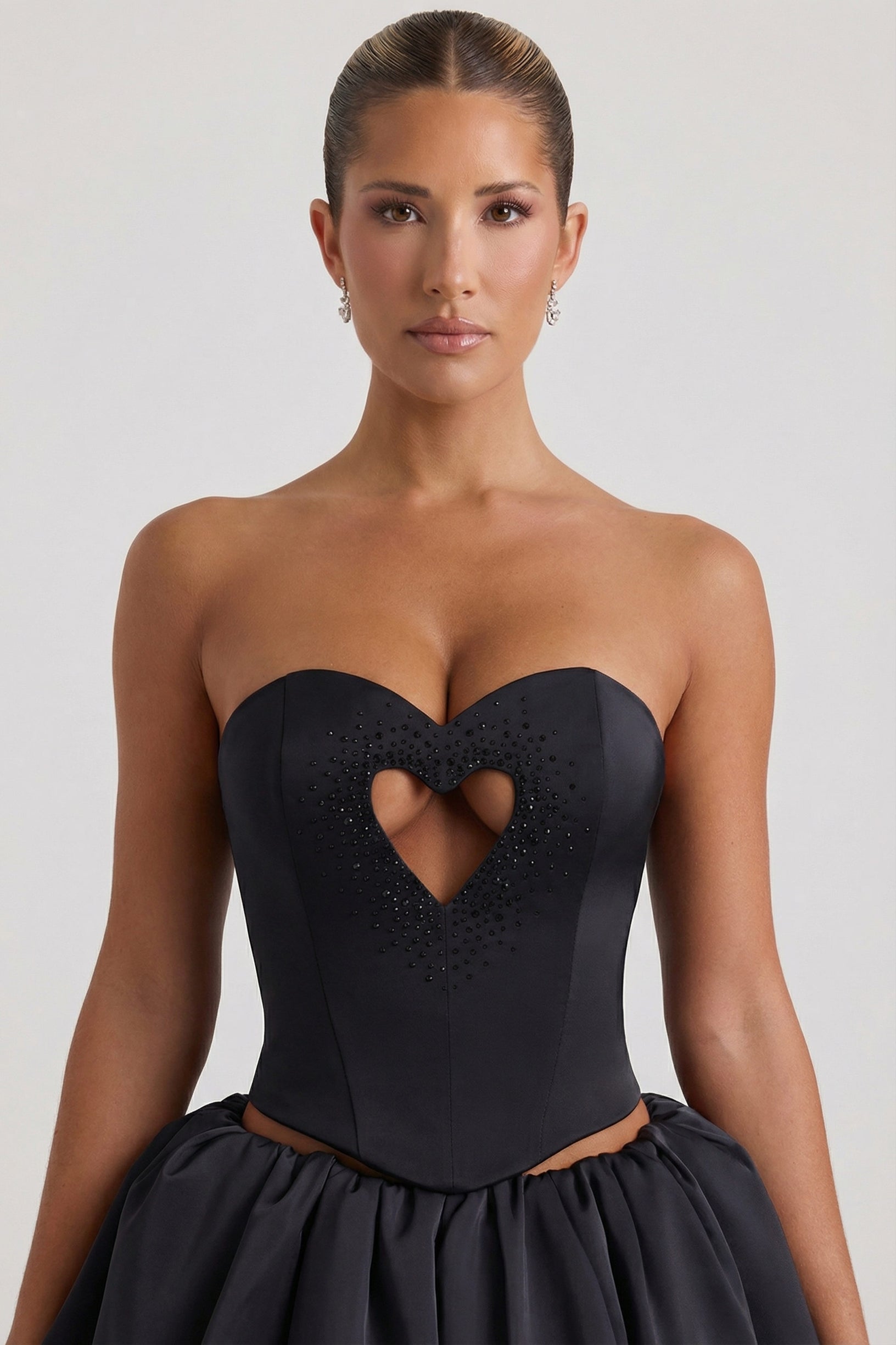 Embellished Heart Cut-Out Strapless Corset Top in Black - 1