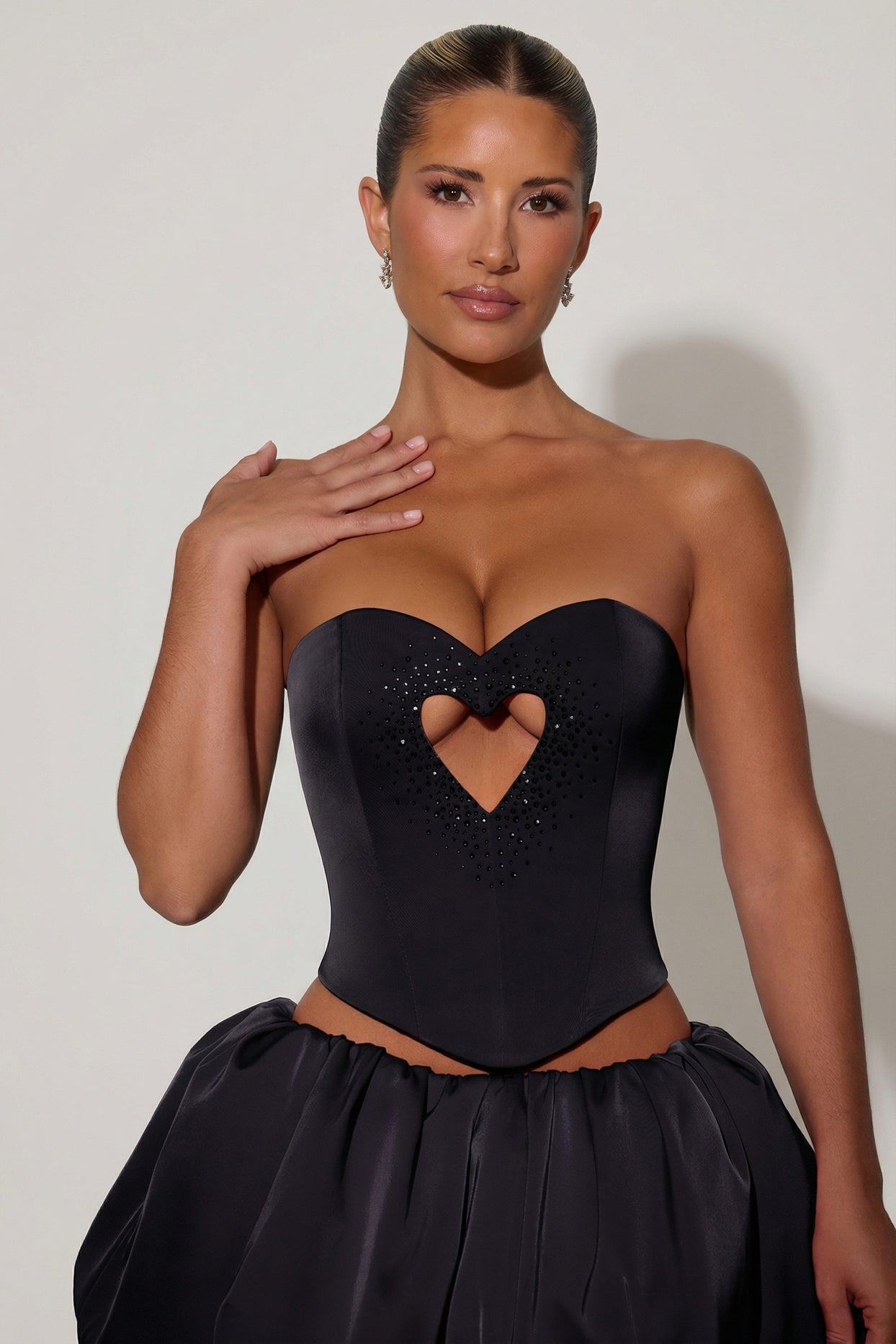 Embellished Heart Cut-Out Strapless Corset Top in Black - 4