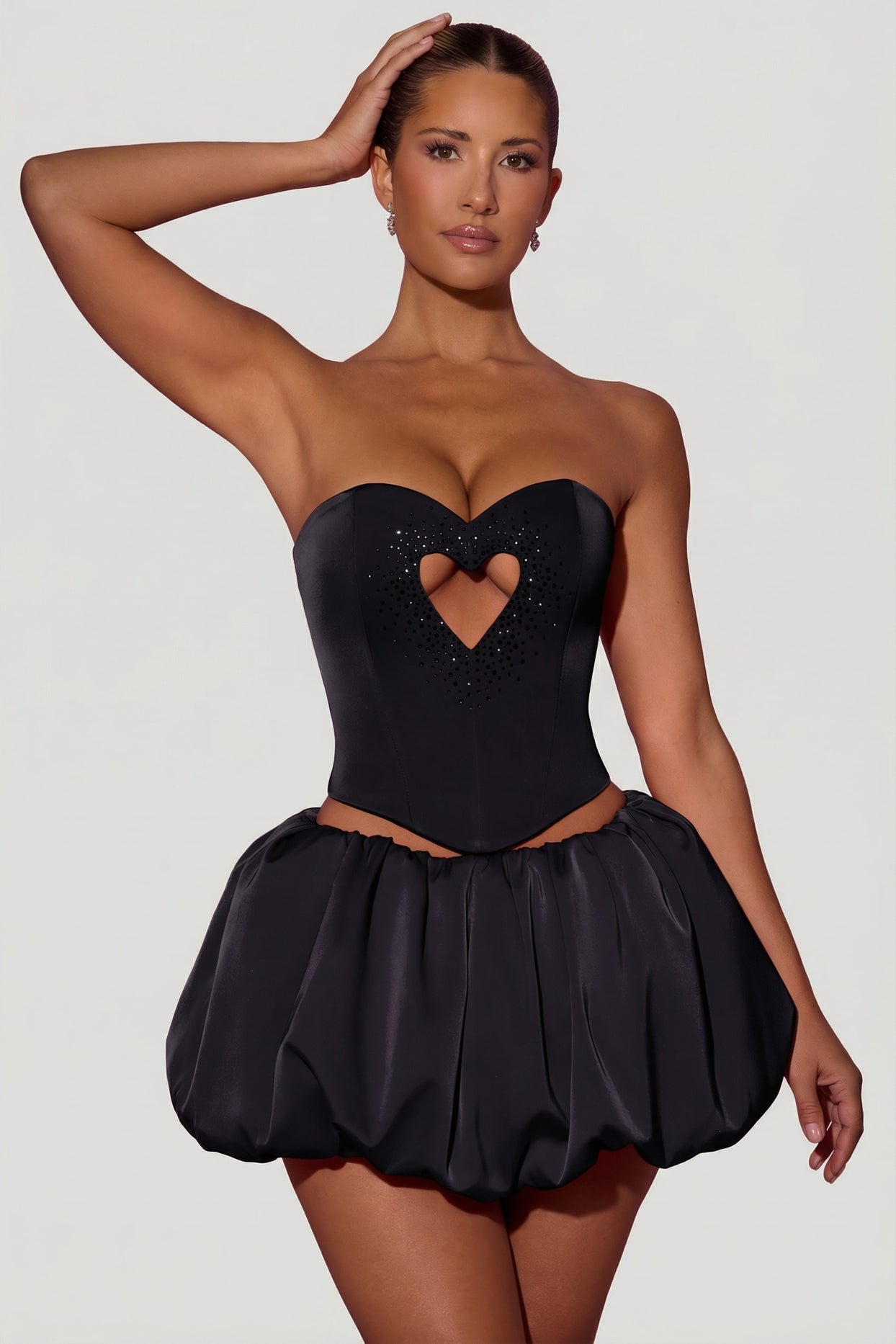 Embellished Heart Cut-Out Strapless Corset Top in Black - 5