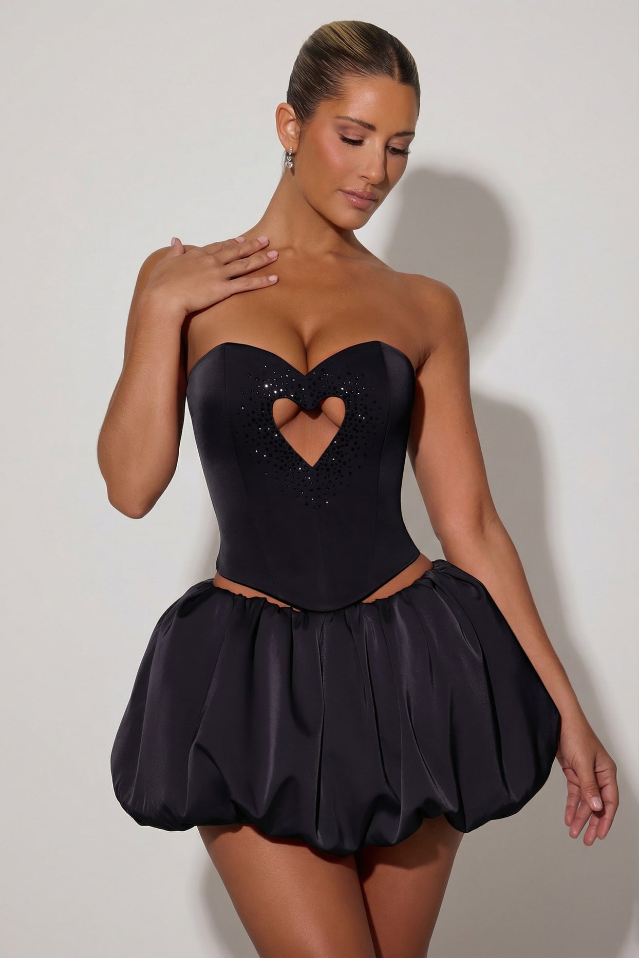 Embellished Heart Cut-Out Strapless Corset Top in Black - 6
