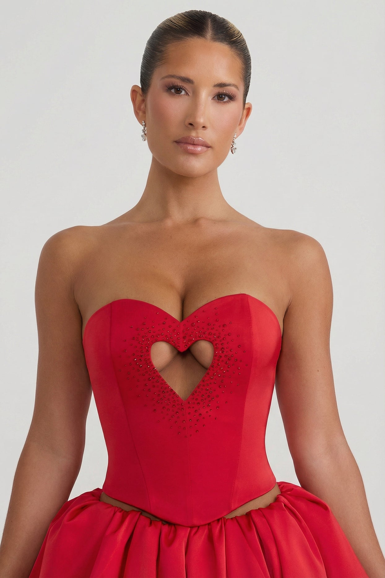 Embellished Heart Cut-Out Strapless Corset Top in Red - 6