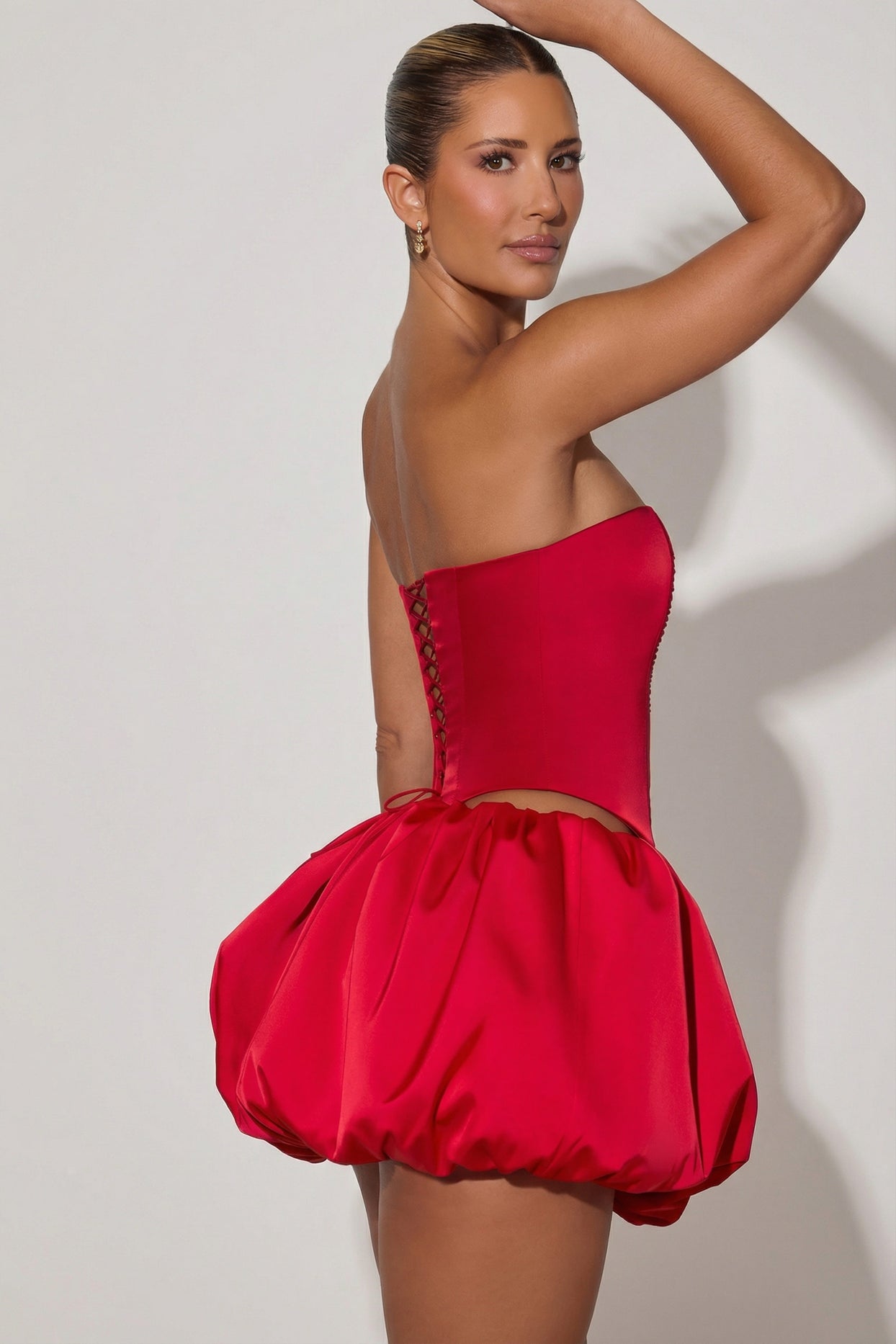 Embellished Heart Cut-Out Strapless Corset Top in Red - 3