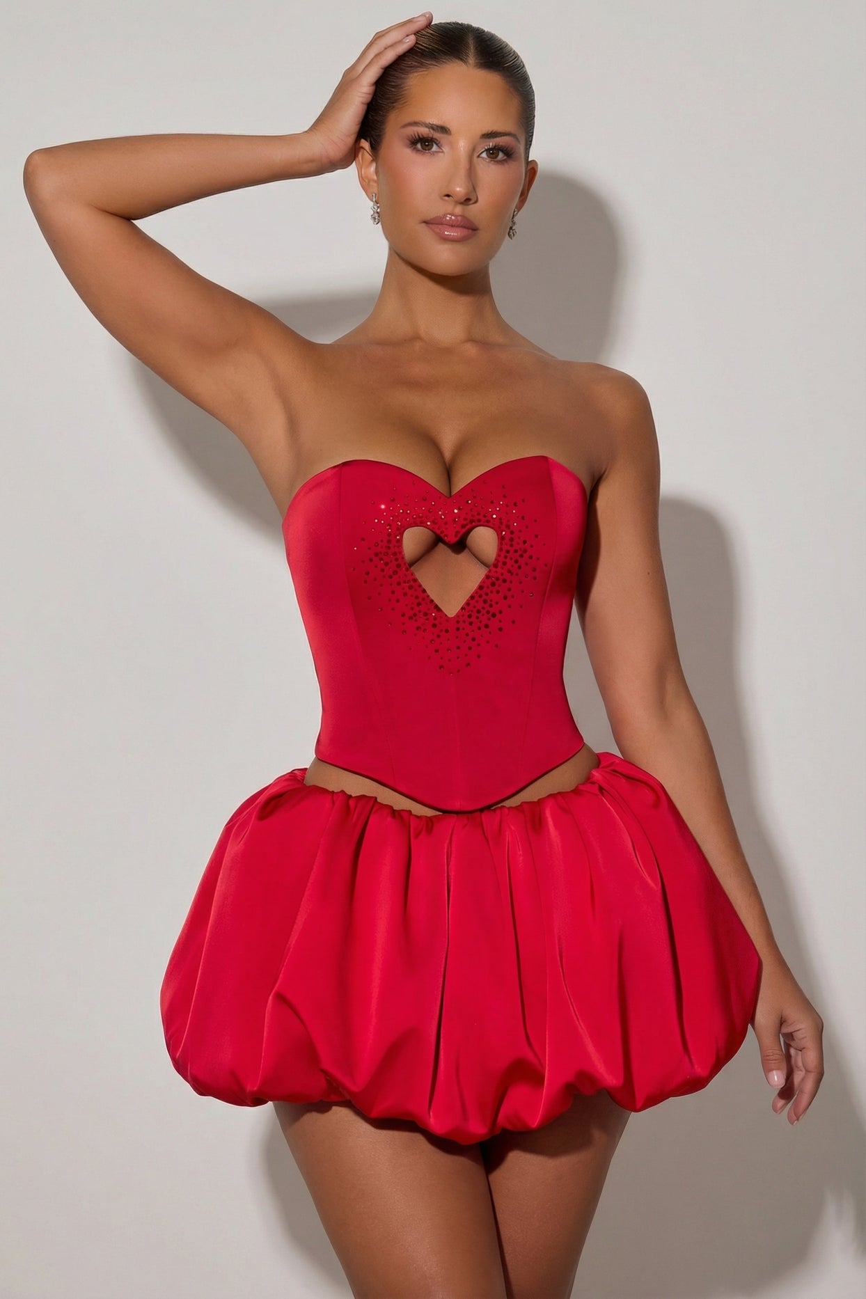Embellished Heart Cut-Out Strapless Corset Top in Red - 5