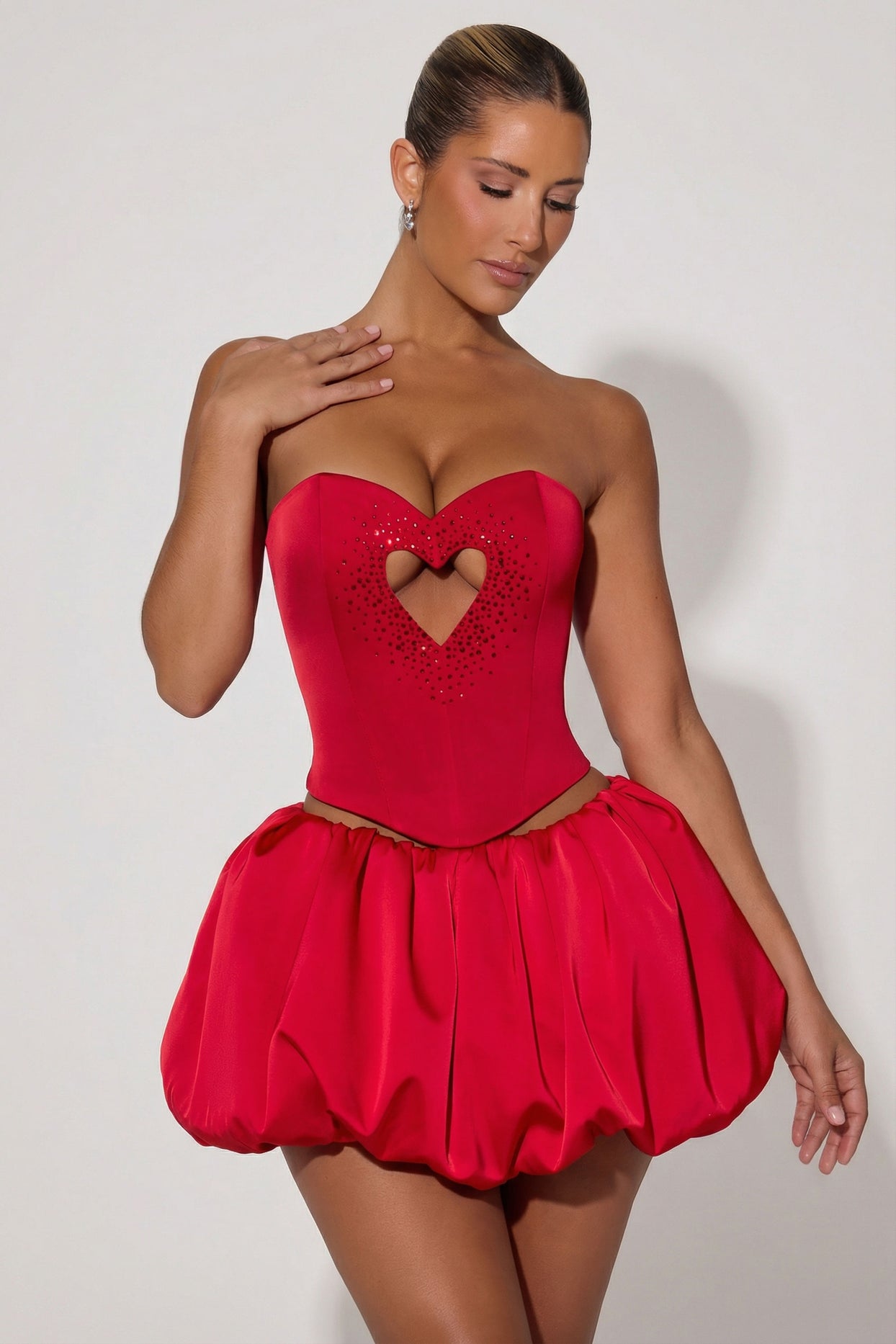 Embellished Heart Cut-Out Strapless Corset Top in Red - 4