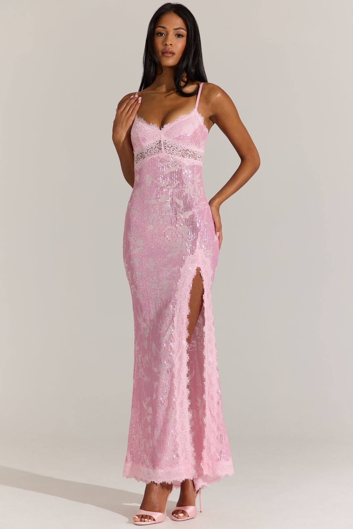 Embellished Lace-Trim Maxi Dress in Blossom Pink