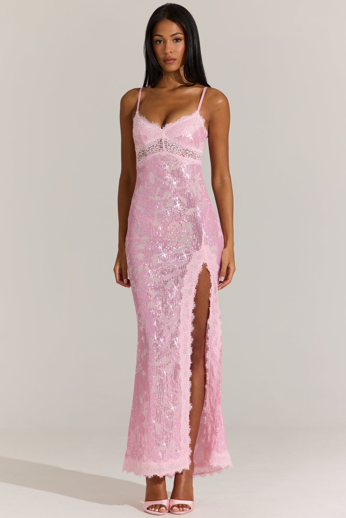 Embellished Lace-Trim Maxi Dress in Blossom Pink