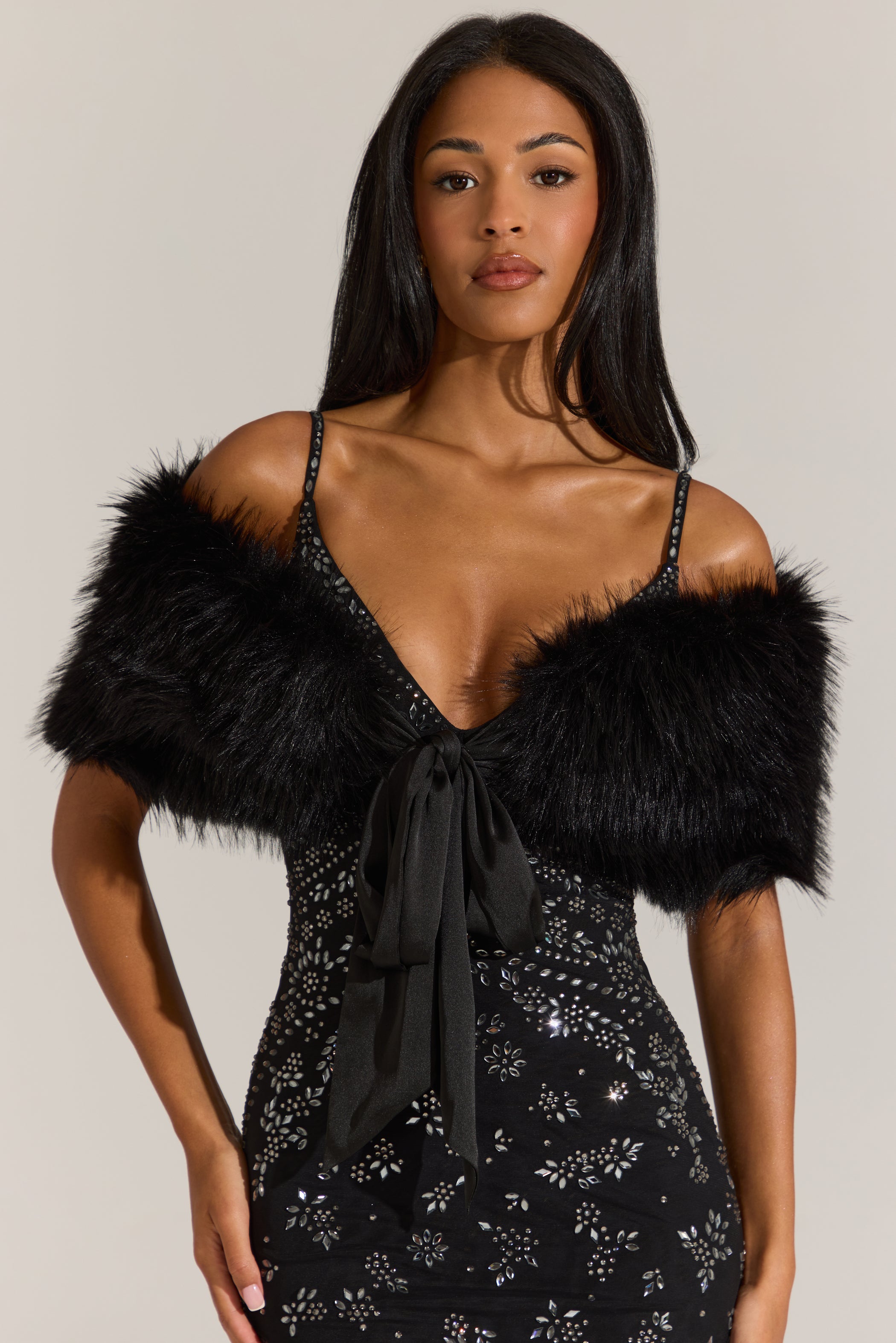 Fur Ribbon-Tie Stole in Black