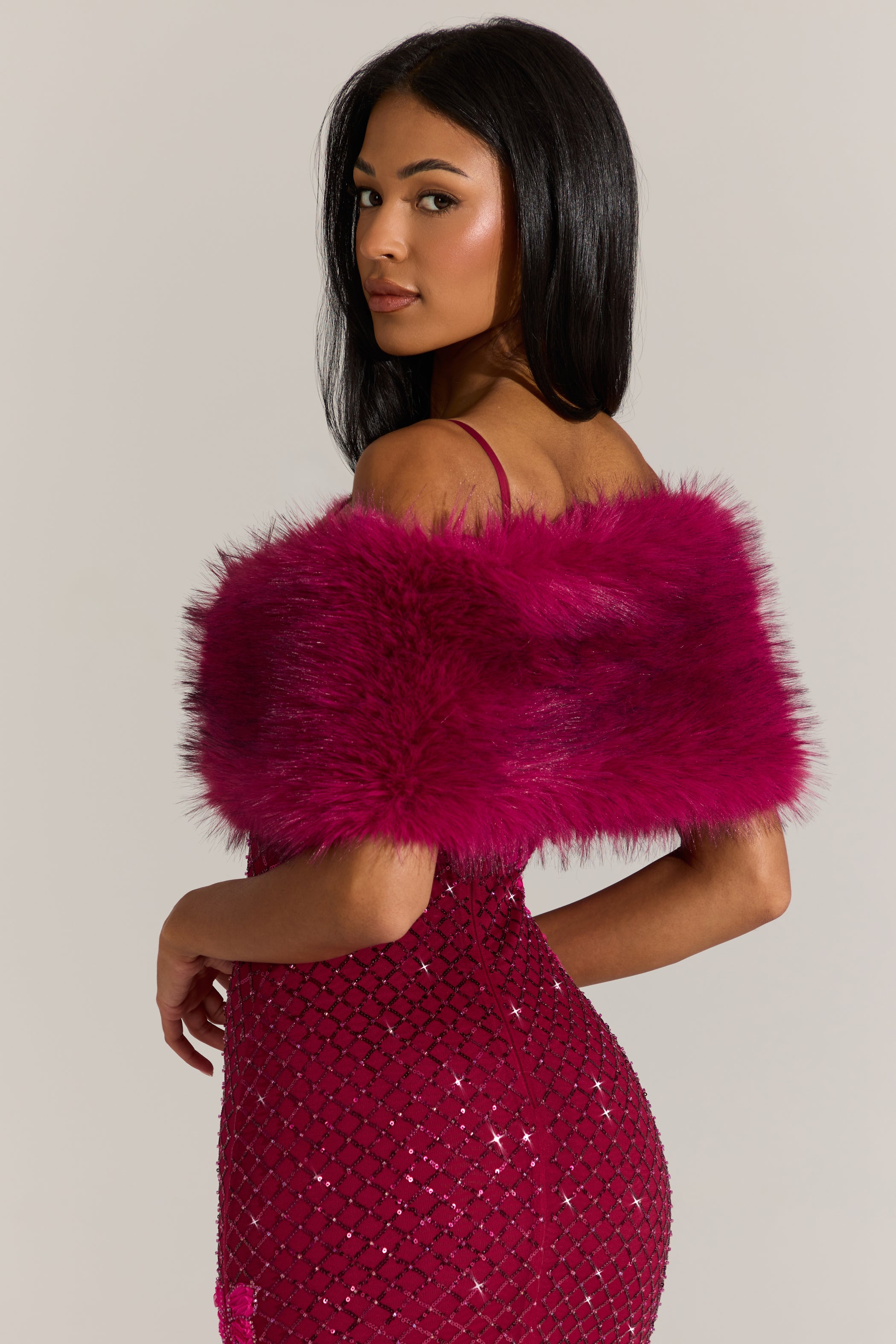 Fur Ribbon-Tie Stole in Fuchsia Pink