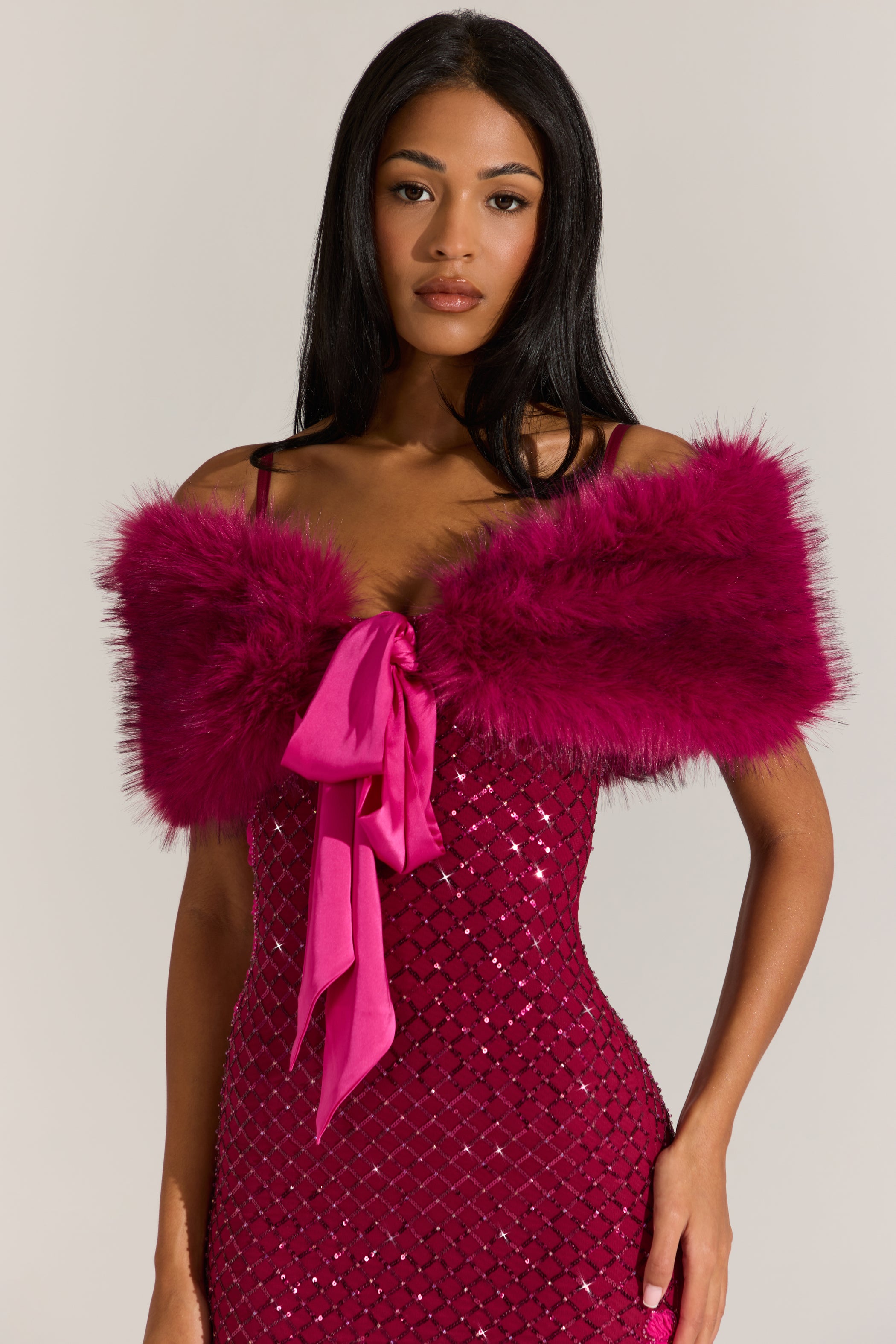 Fur Ribbon-Tie Stole in Fuchsia Pink