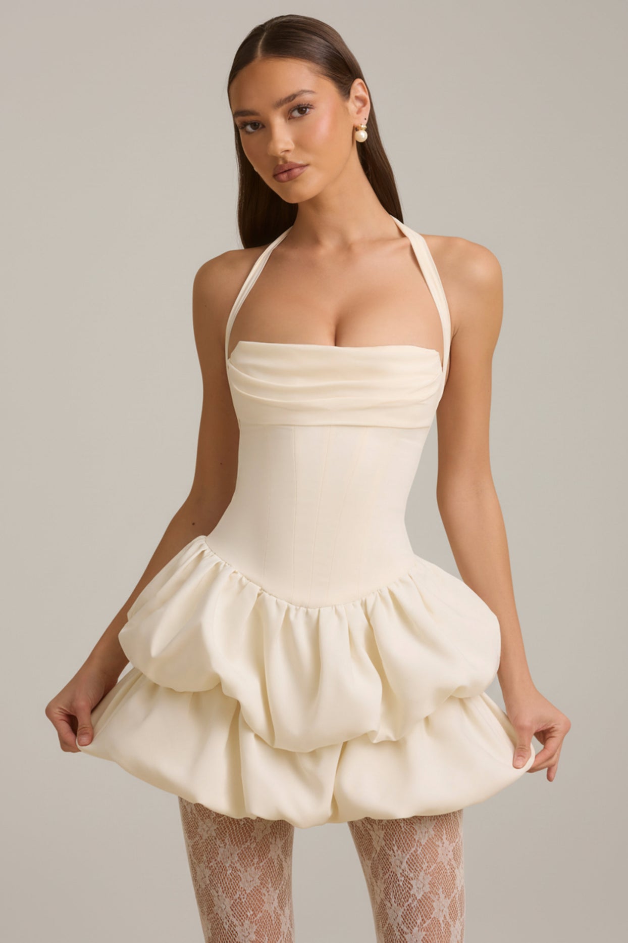 Halterneck Layered Bubble Hem Corset Mini Dress in Ivory - 1