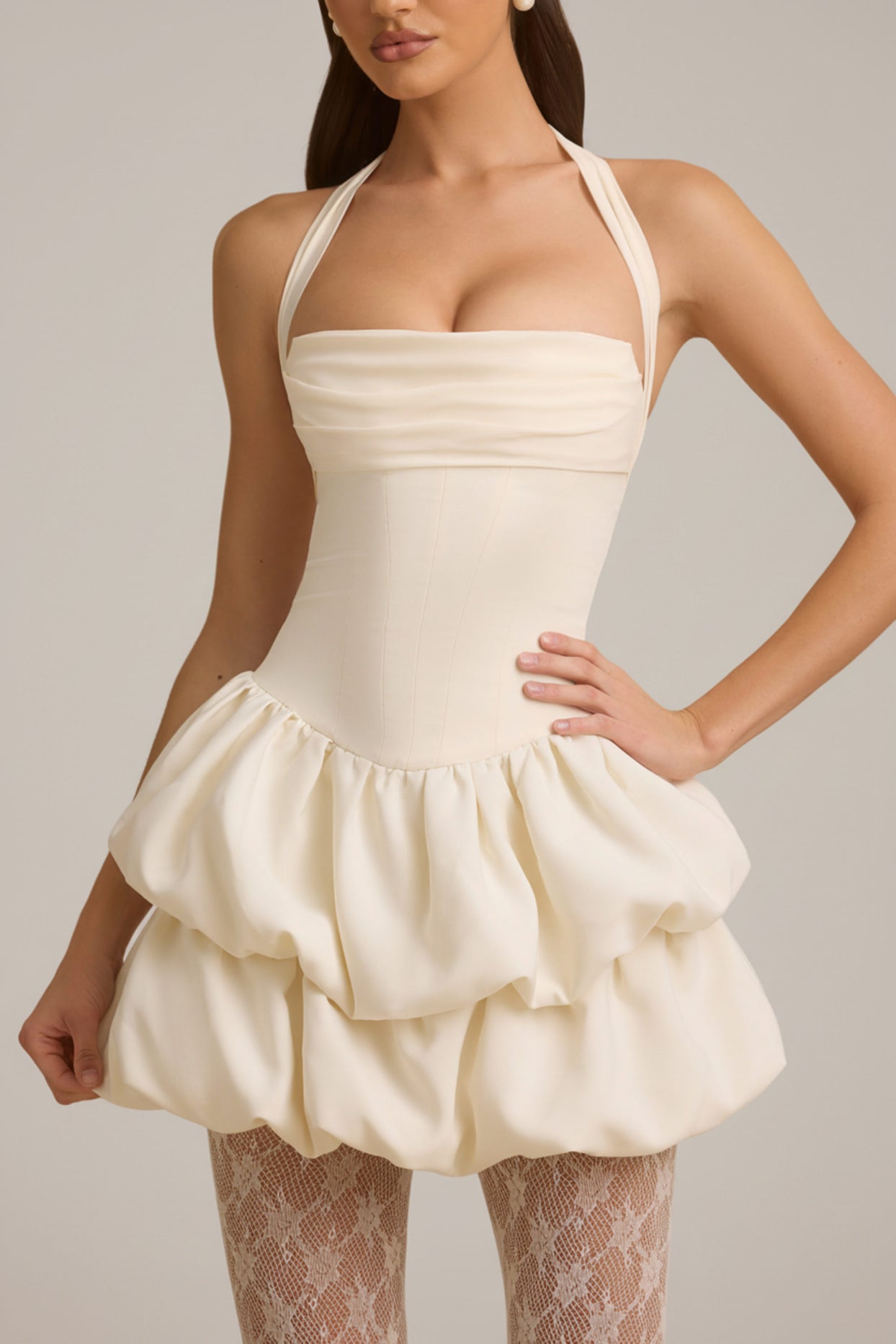 Halterneck Layered Bubble Hem Corset Mini Dress in Ivory - 4