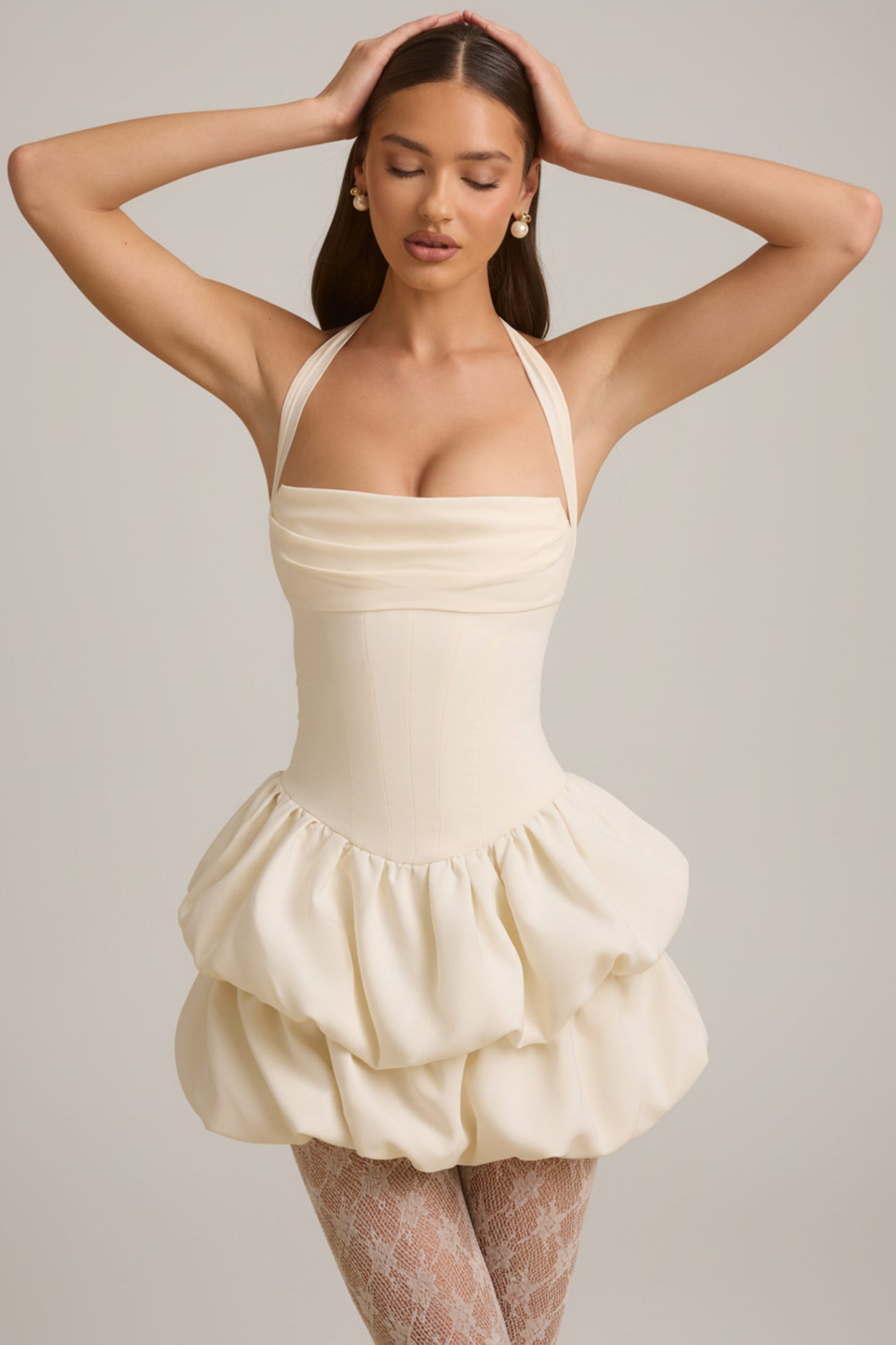 Halterneck Layered Bubble Hem Corset Mini Dress in Ivory - 6