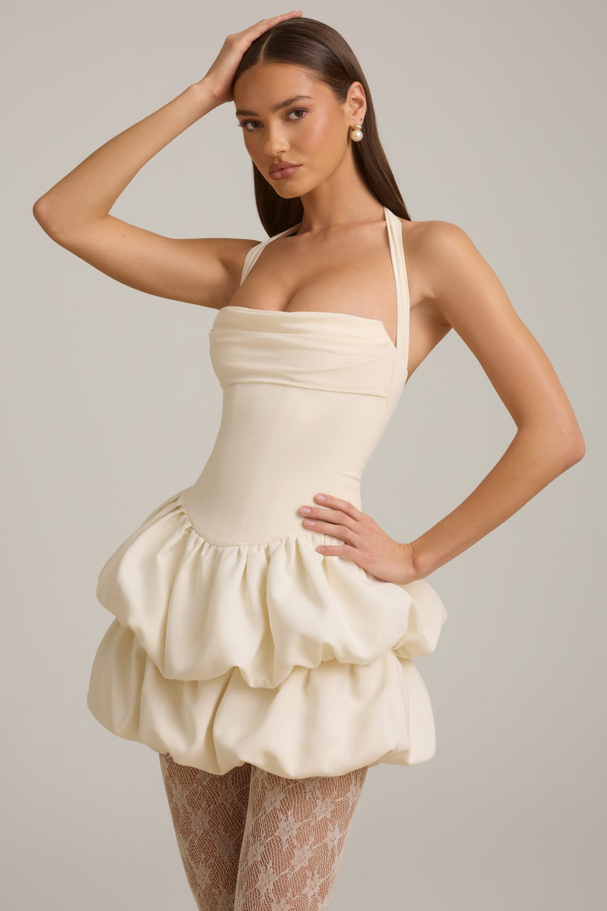 Halterneck Layered Bubble Hem Corset Mini Dress in Ivory - 7