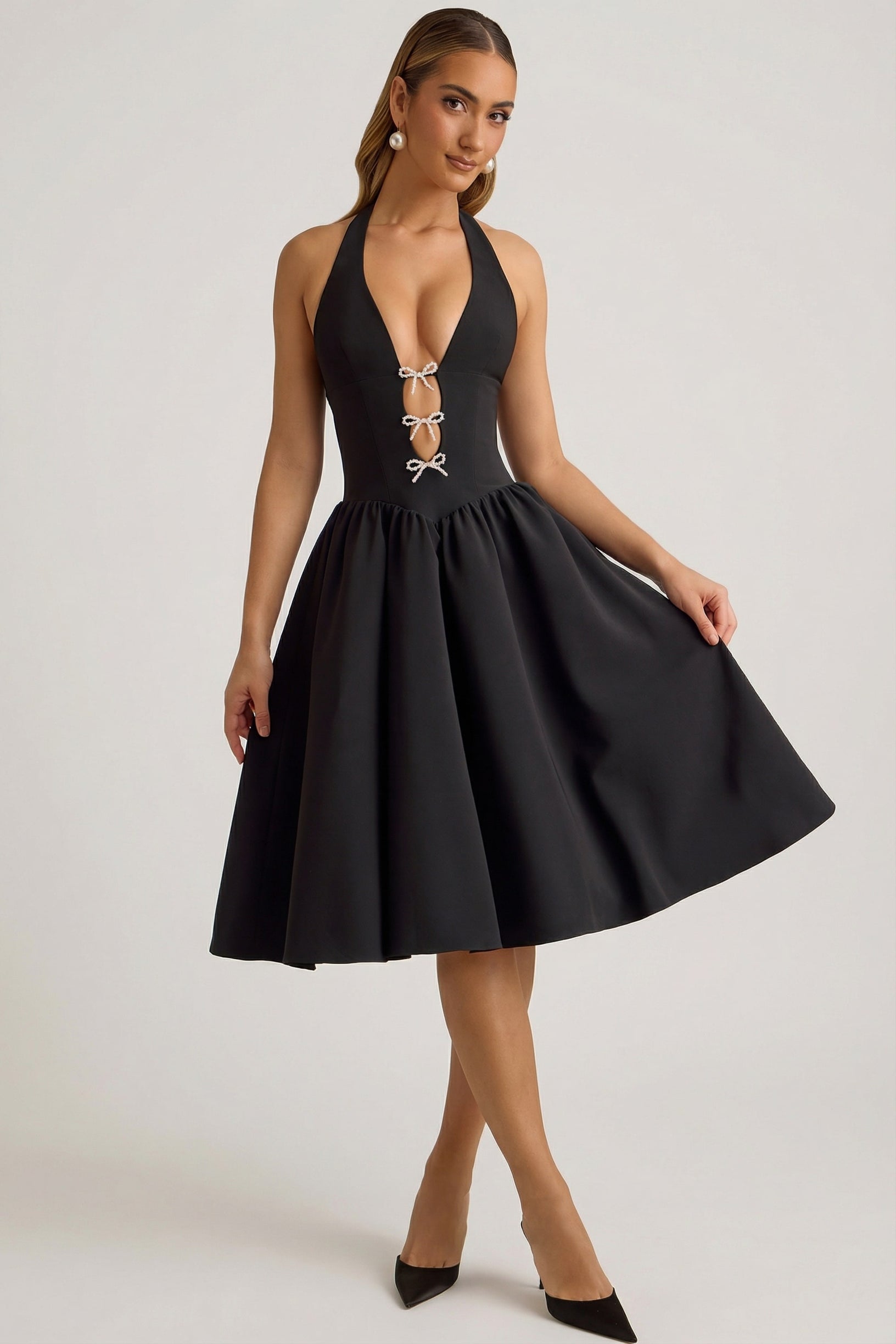 Halterneck Bow-Detail Midi Dress in Black - 1