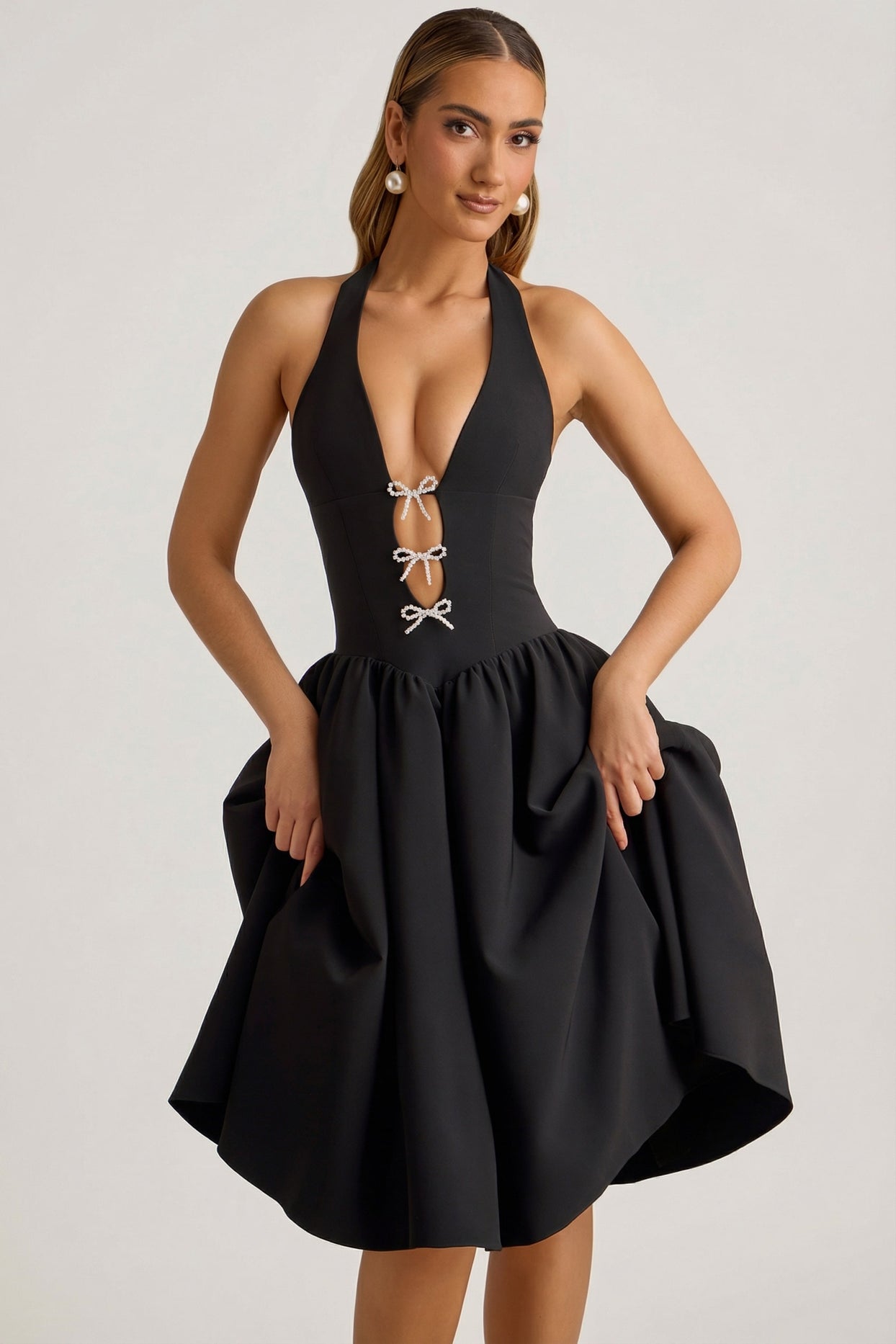 Halterneck Bow-Detail Midi Dress in Black - 10