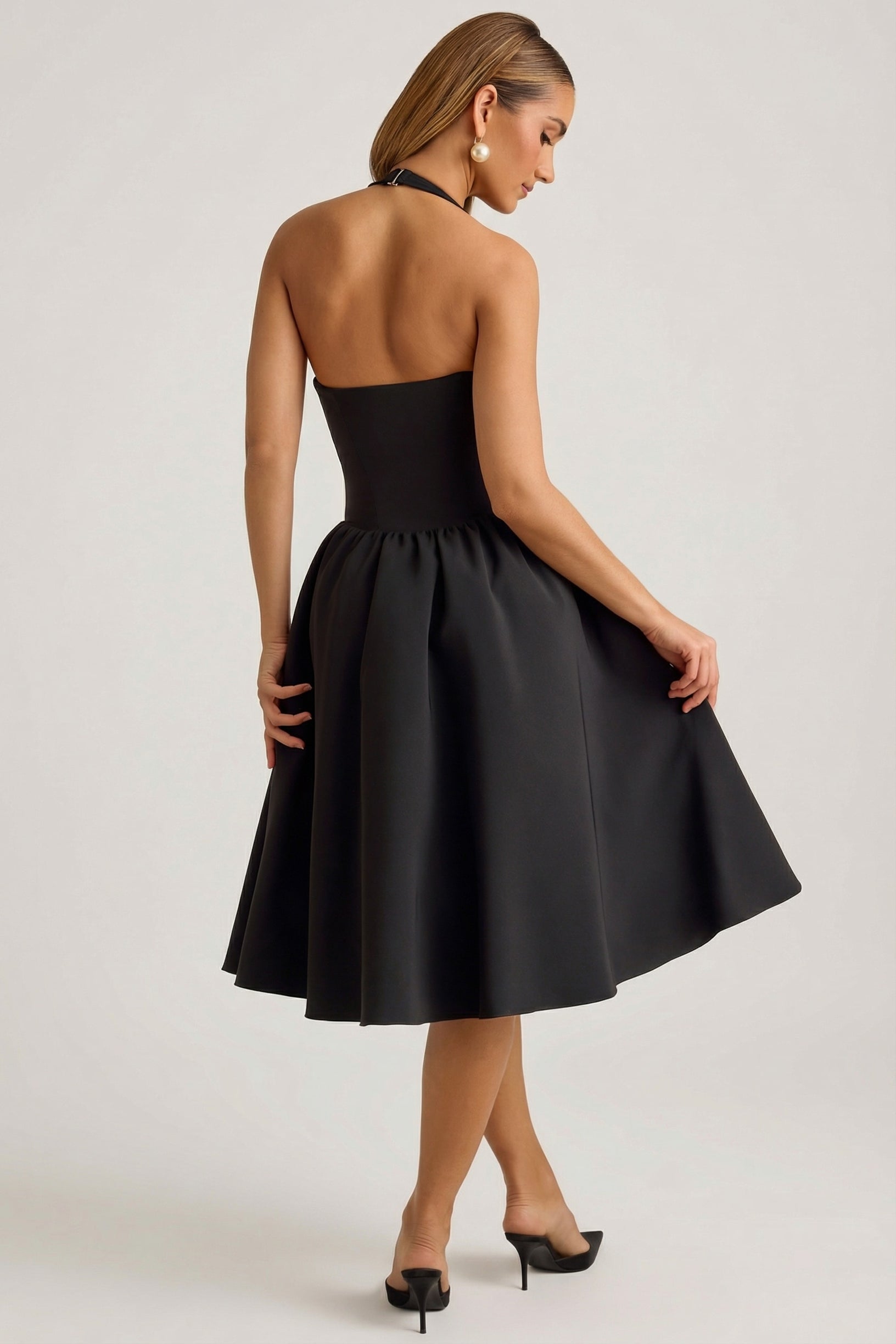 Halterneck Bow-Detail Midi Dress in Black - 2