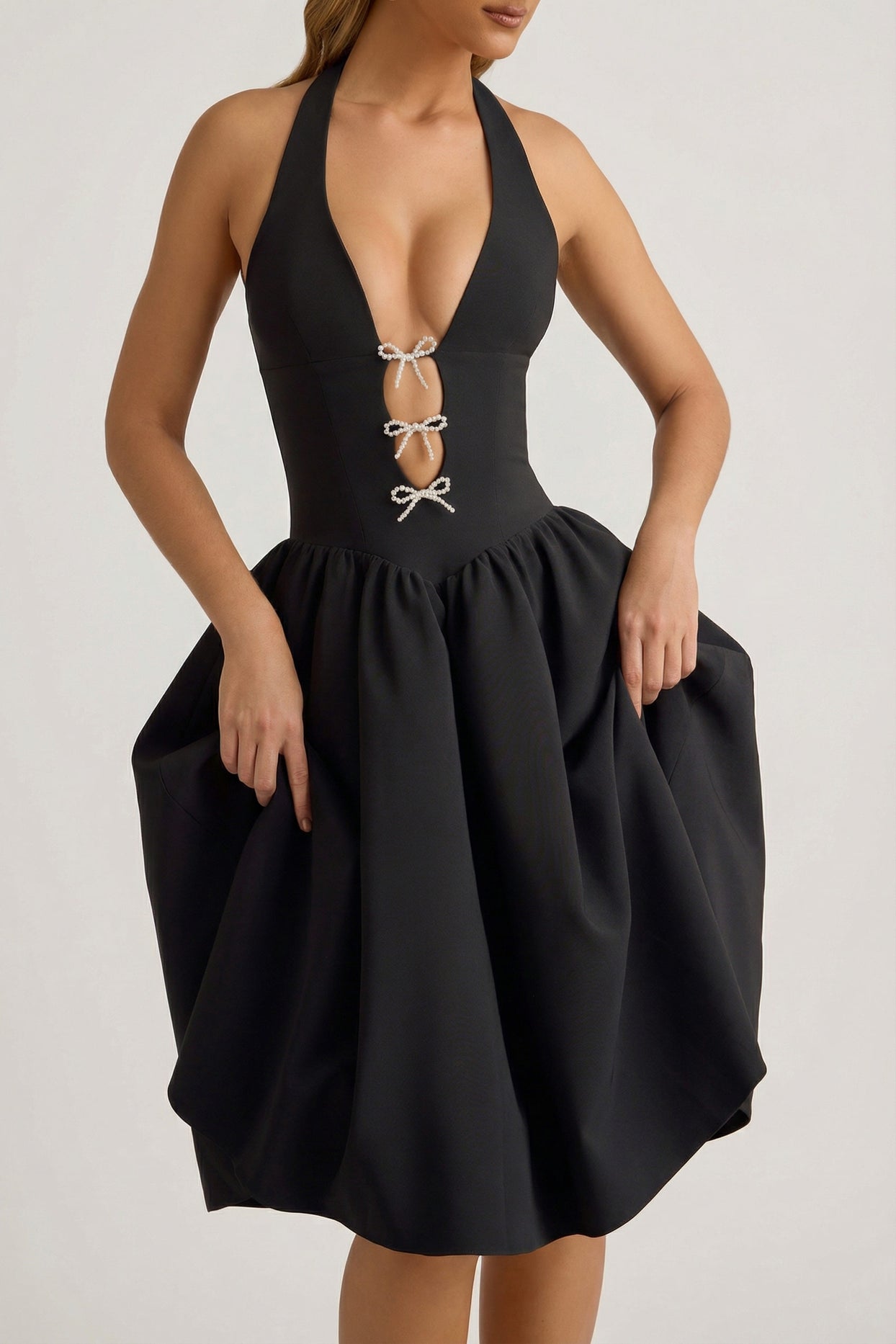 Halterneck Bow-Detail Midi Dress in Black - 3