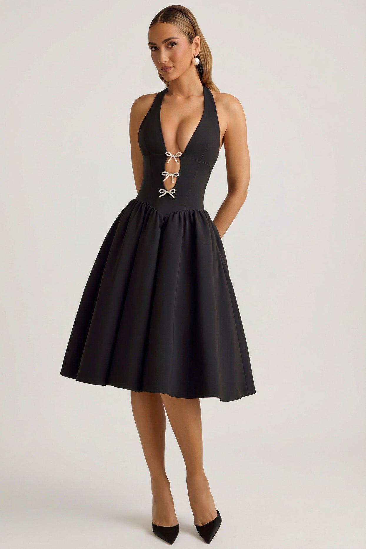 Halterneck Bow-Detail Midi Dress in Black - 7