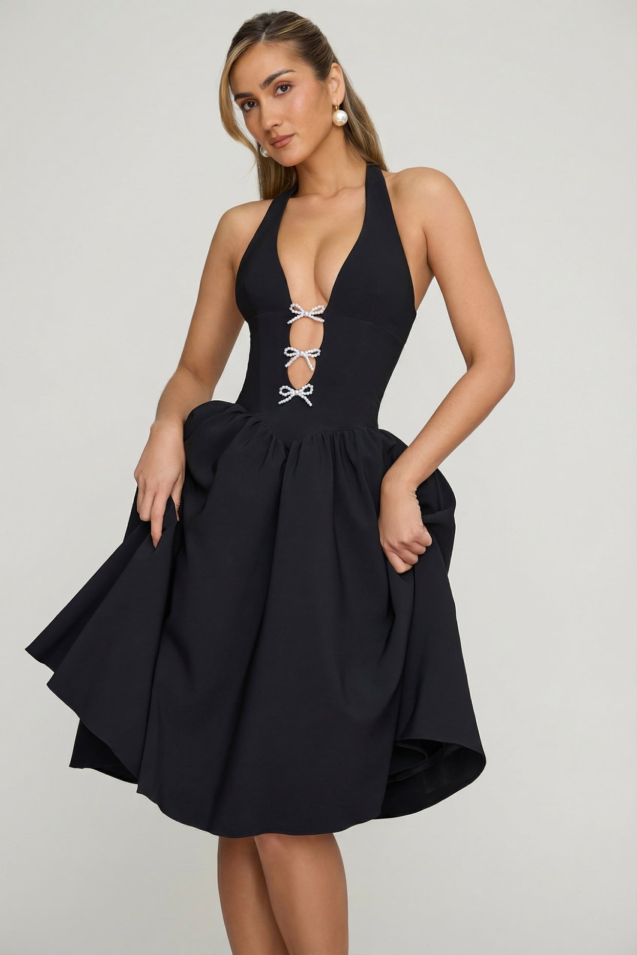 Halterneck Bow-Detail Midi Dress in Black - 8