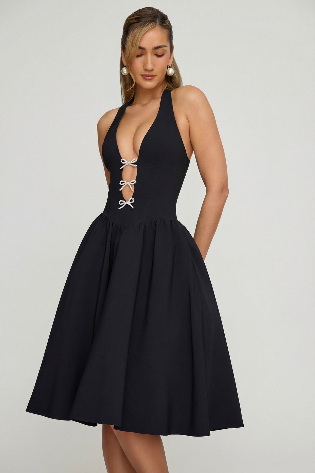 Halterneck Bow-Detail Midi Dress in Black - 6