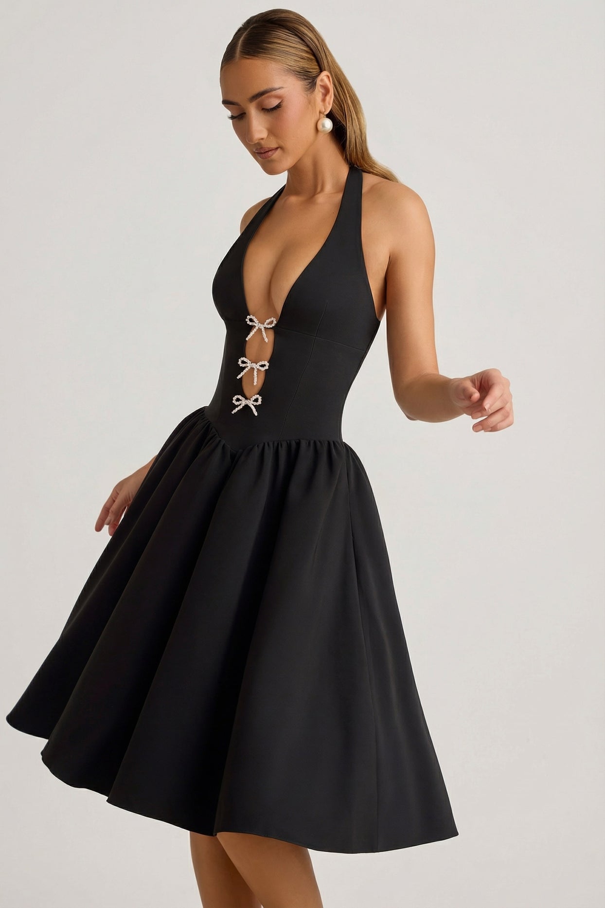 Halterneck Bow-Detail Midi Dress in Black - 9