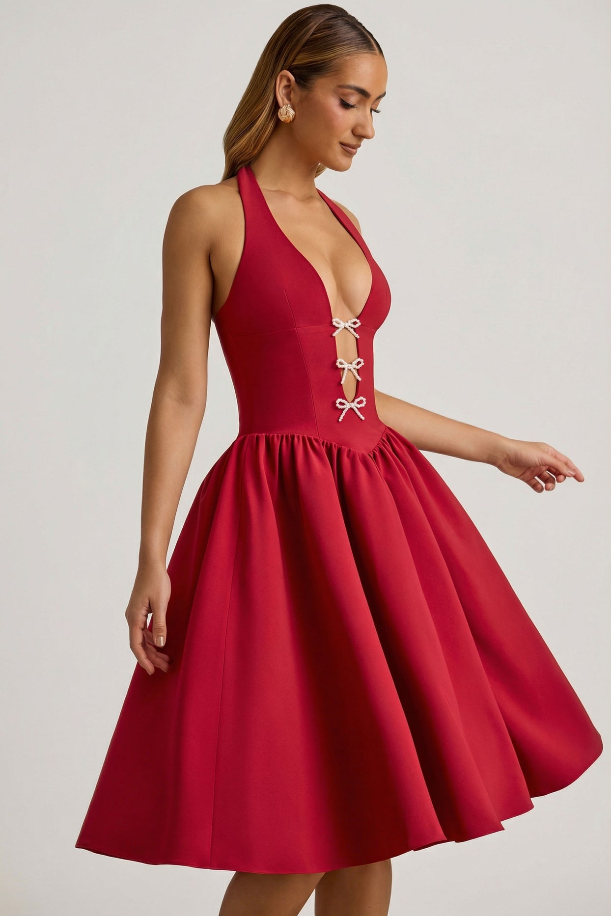 Halterneck Bow-Detail Midi Dress in True Red - 5