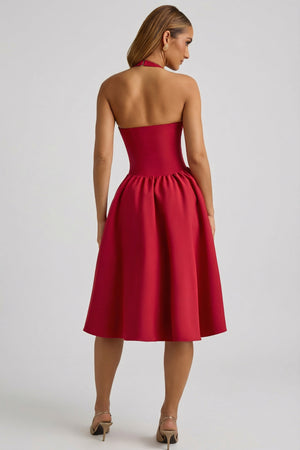 Halterneck Bow-Detail Midi Dress in True Red