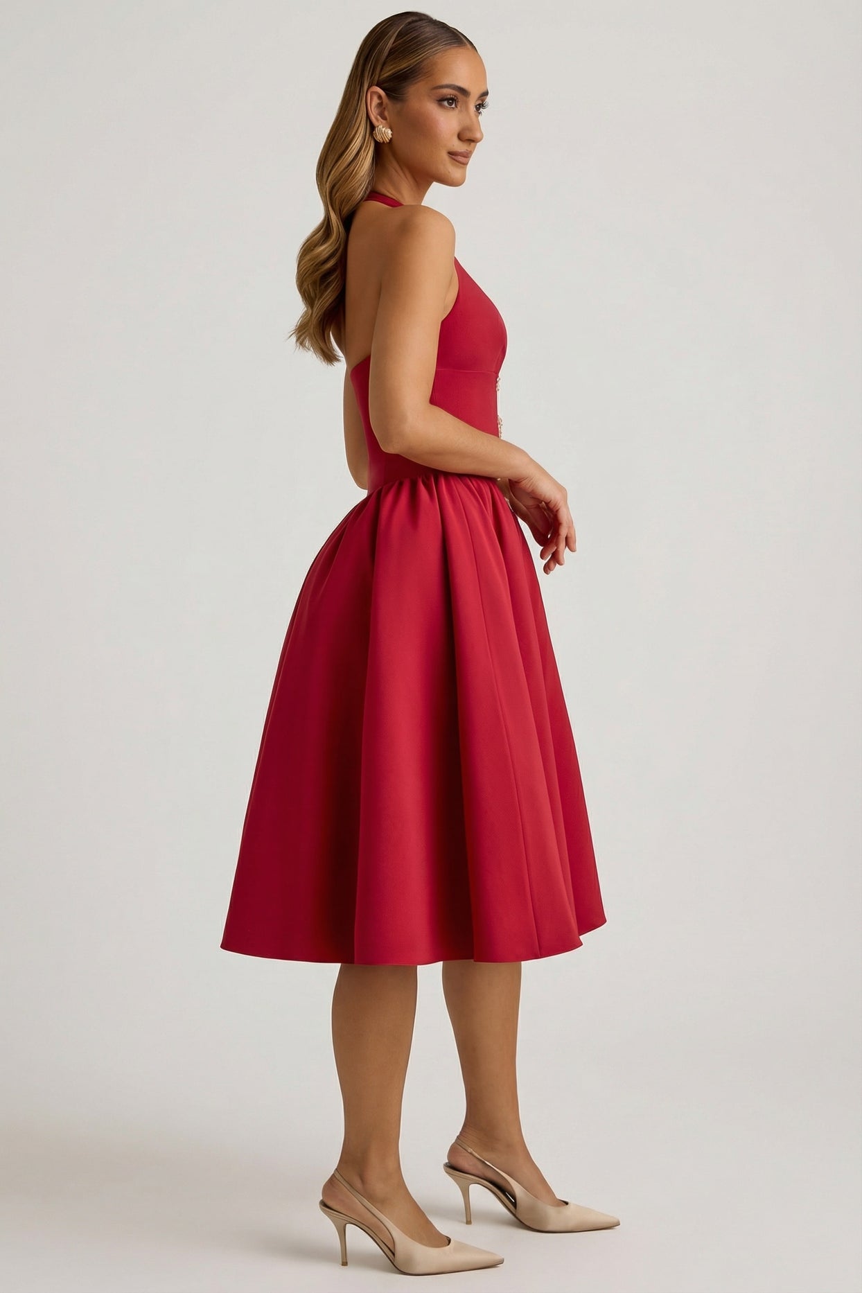 Halterneck Bow-Detail Midi Dress in True Red - 4