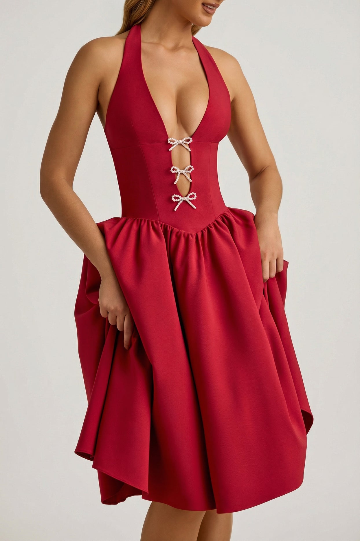 Halterneck Bow-Detail Midi Dress in True Red - 7