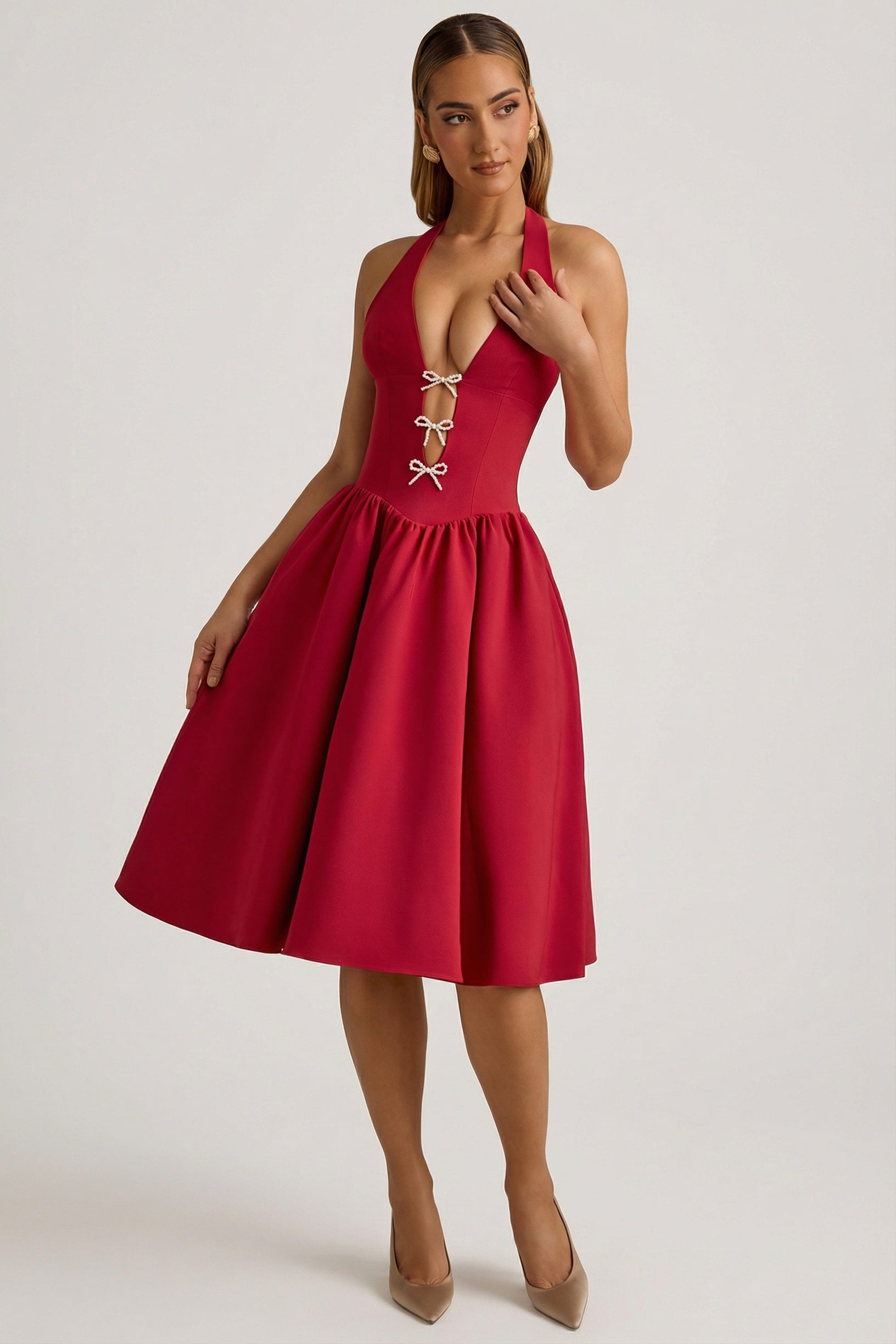 Halterneck Bow-Detail Midi Dress in True Red - 1