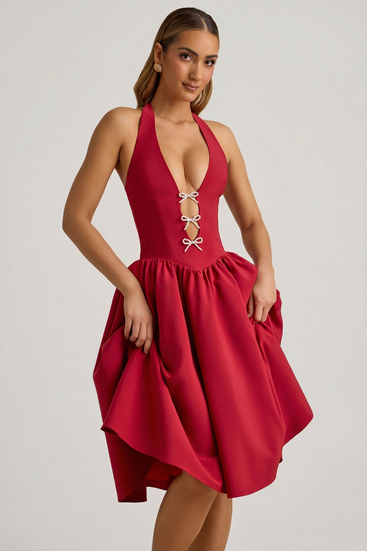 Halterneck Bow-Detail Midi Dress in True Red - 8