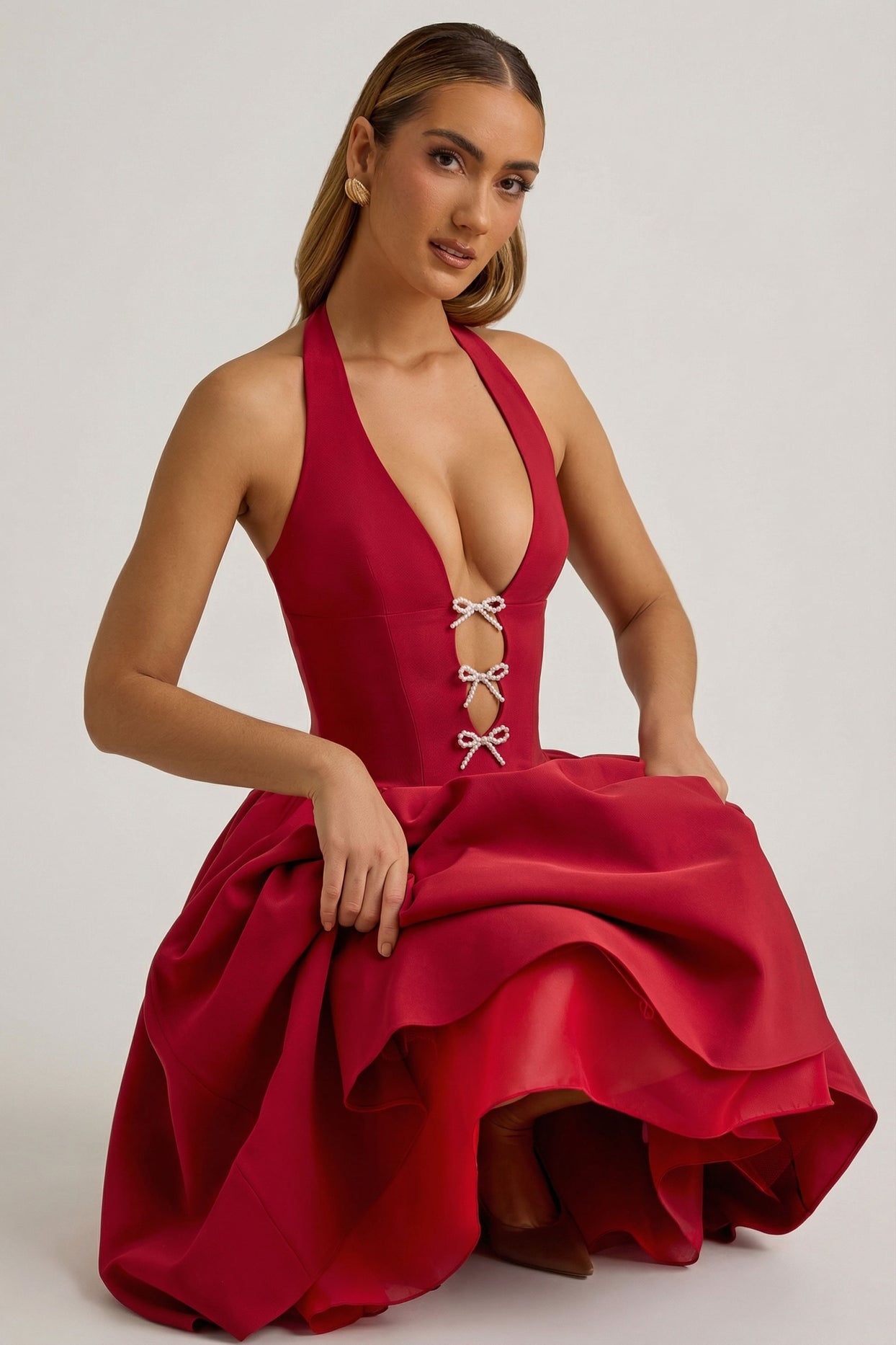 Halterneck Bow-Detail Midi Dress in True Red - 3