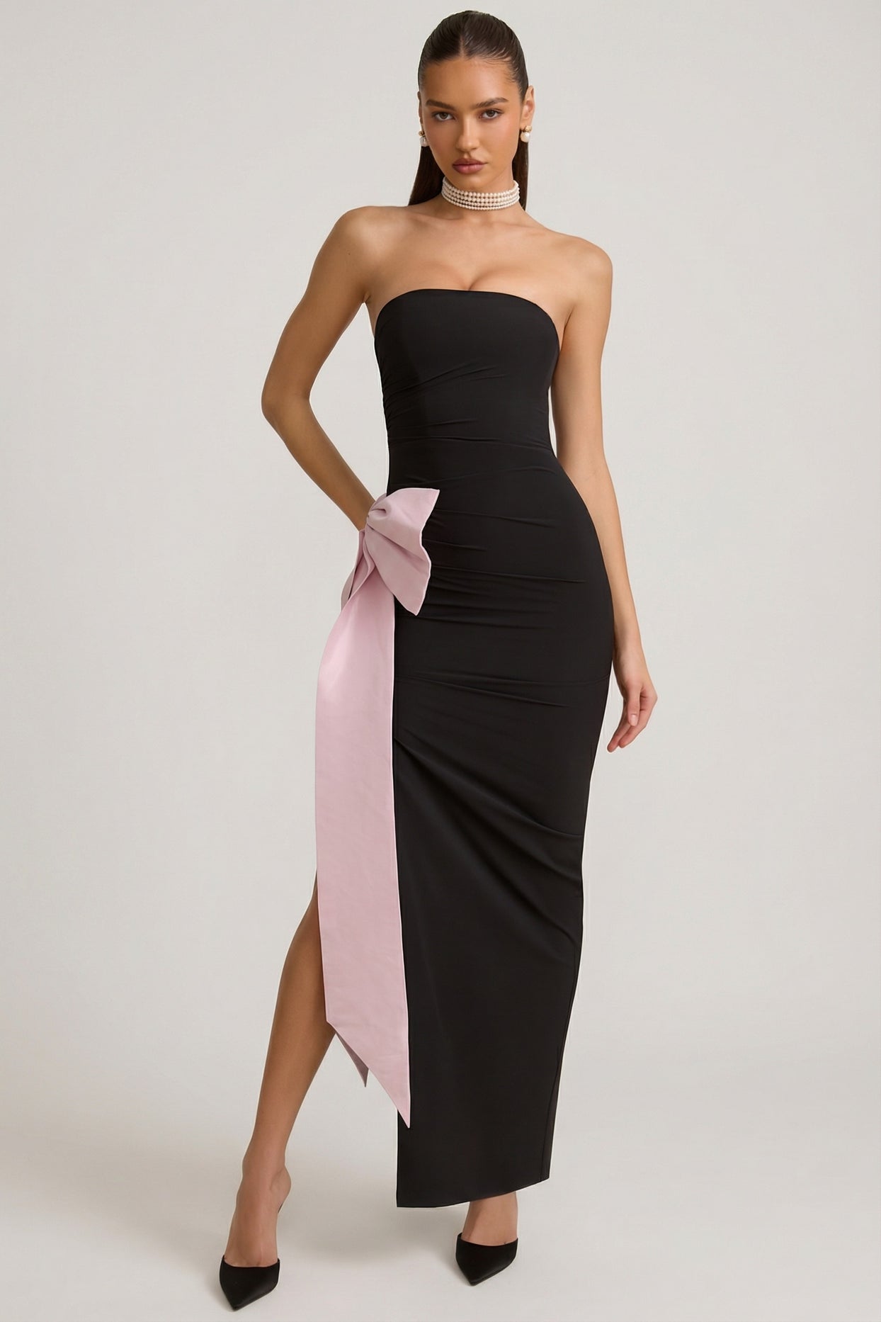 Strapless Bow-Detail Maxi Dress in Black - 8