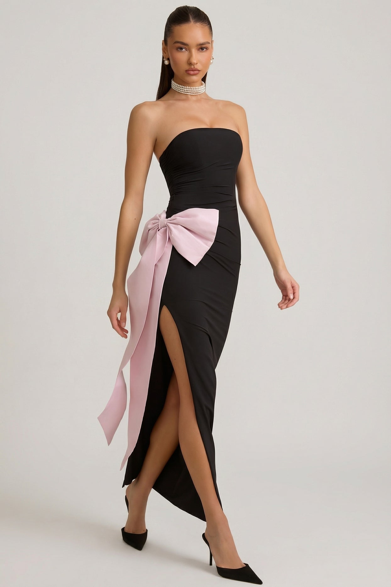 Strapless Bow-Detail Maxi Dress in Black - 7