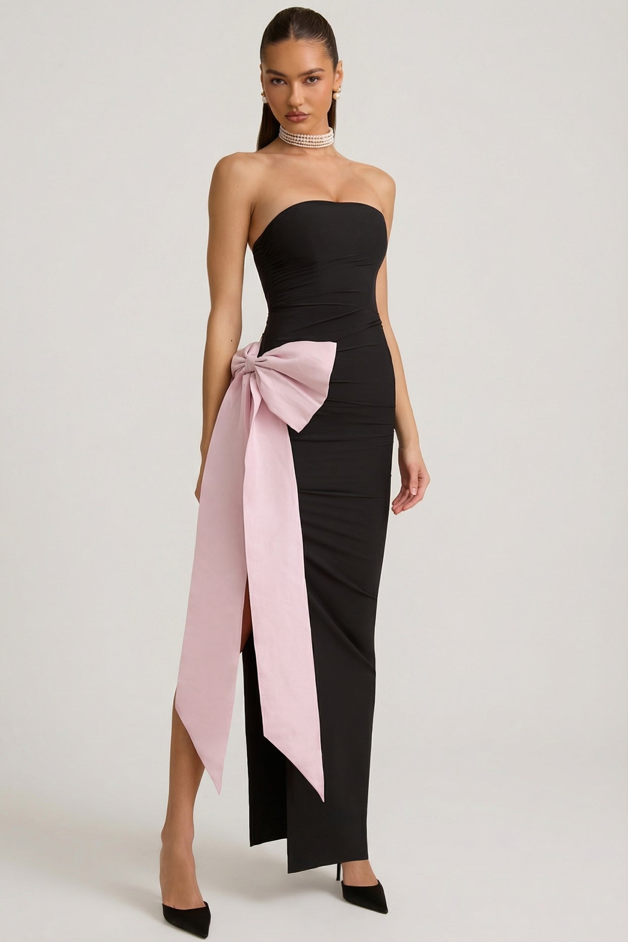 Strapless Bow-Detail Maxi Dress in Black - 1