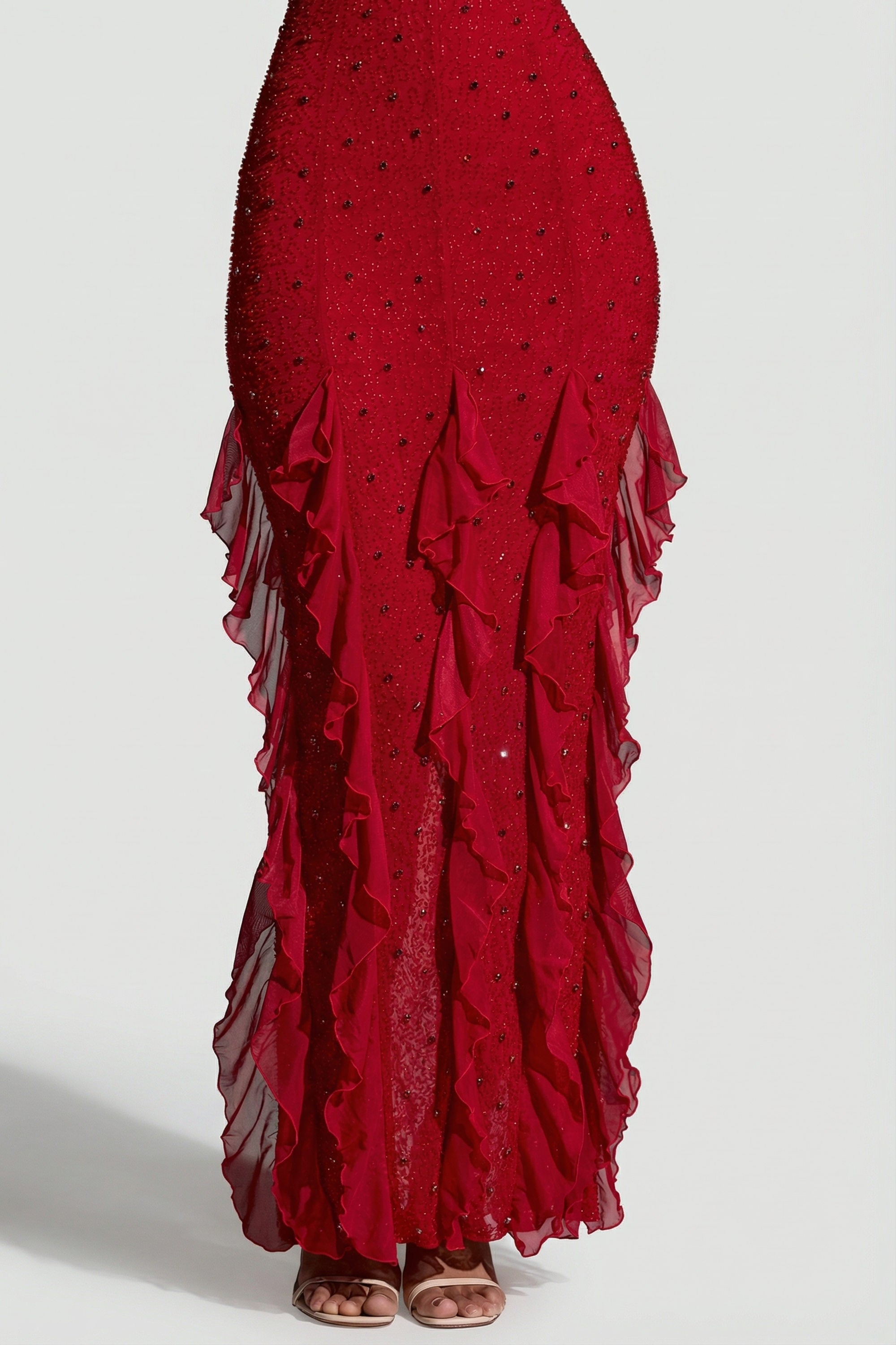 anley embellished halter neck ruffle maxi dress in red Embellished Halter Neck Ruffle Maxi Dress in Red - 10