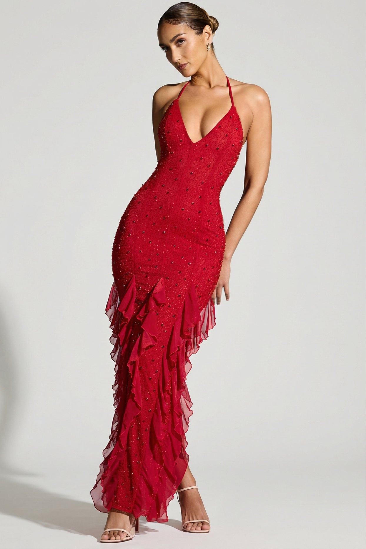 Embellished Halter Neck Ruffle Maxi Dress in Red - 6