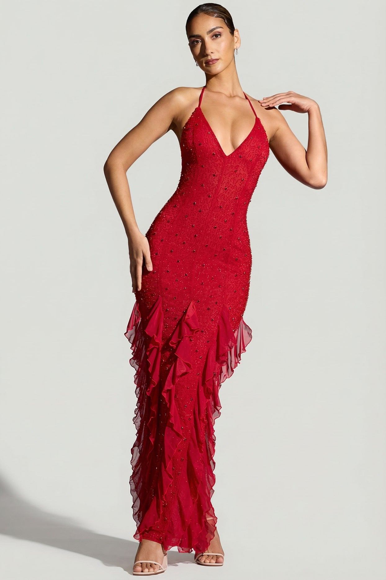 Embellished Halter Neck Ruffle Maxi Dress in Red - 7