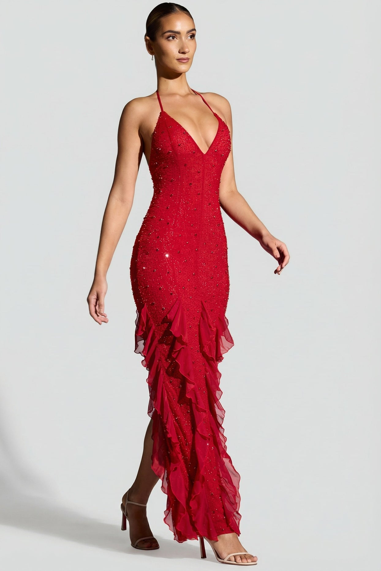Embellished Halter Neck Ruffle Maxi Dress in Red - 9