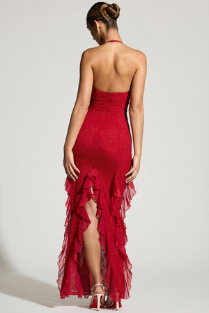 Oh Polly's Priscilla wearing the Anley Maxi Dress in Red Embellished fabric perfect for a glamorous evening out